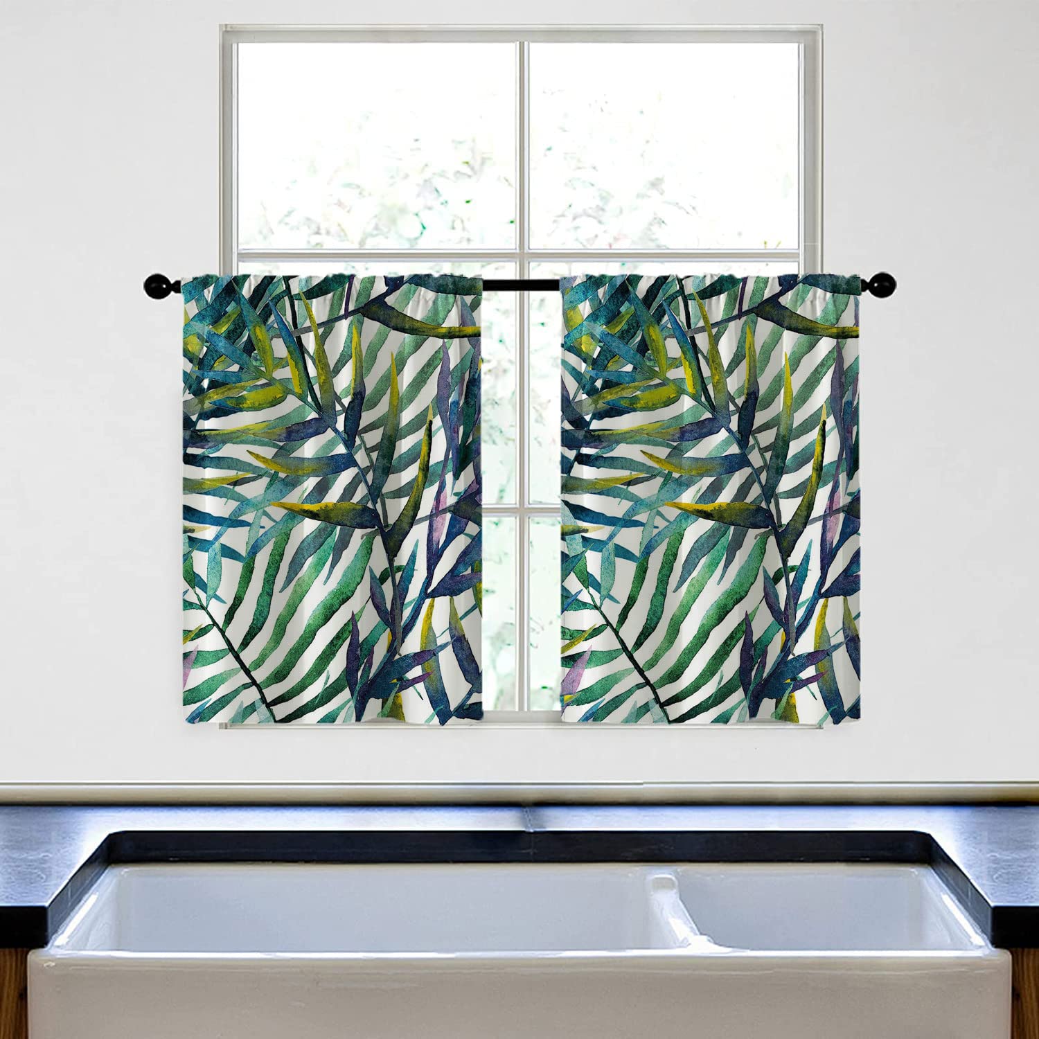 Tropical Palm Leaf Kitchen Curtains - 2 Panels, 28