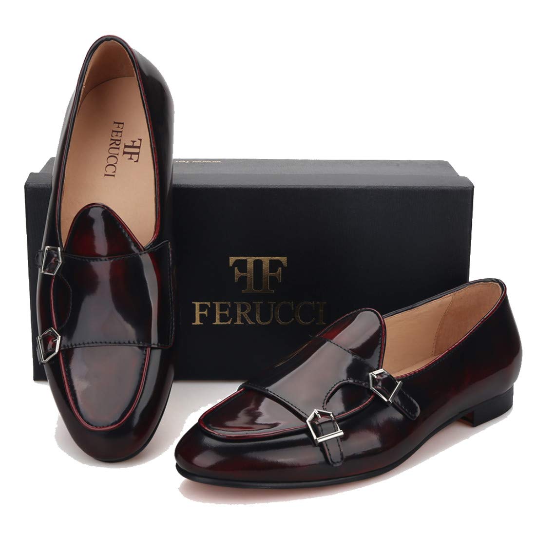 FERUCCI Men's Brown Leather Double Monk Strap Loafers - Comfortable Dress Shoes for Wedding, Prom & Formal Occasions