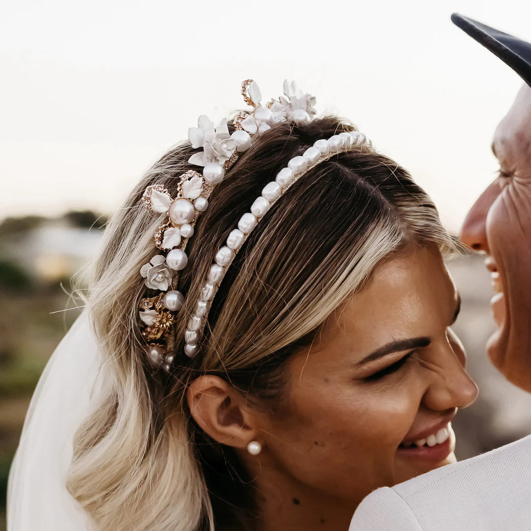 Sophia Bridal Pearl & Crystal Headpiece - Gold Tiara for Wedding, Prom & Special Occasions | A'el Este Bridal Accessories