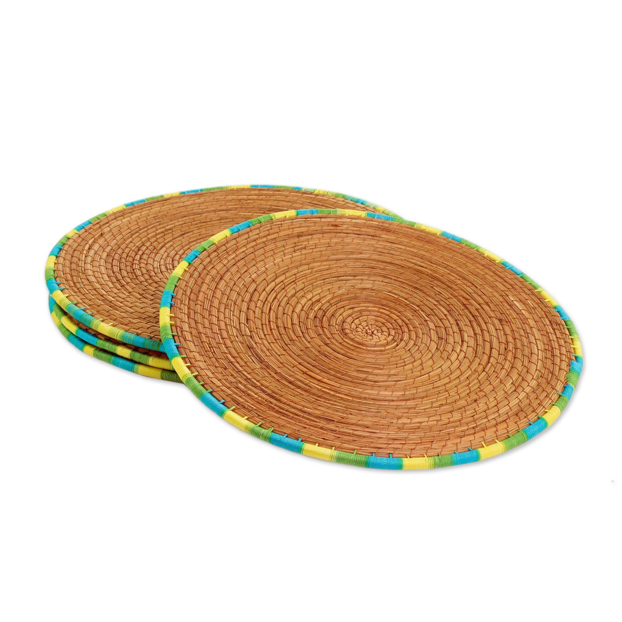 NOVICA Handwoven Pine Needle Placemats Set of 4 - Guatemalan Artisan Crafted with Blue, Green & Yellow Trim - 12.5