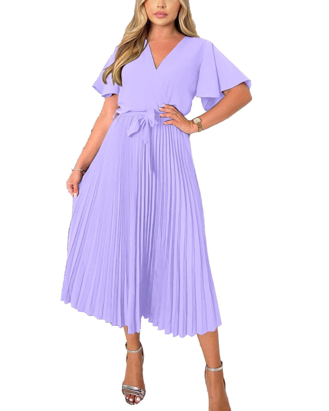 BTFBM Women's Wrap V-Neck Summer Casual Dress 2023 - Short Sleeve Satin Tie Waist Pleated Flowy Midi Dress for Wedding Guest, Beach Party & Cocktail Events
