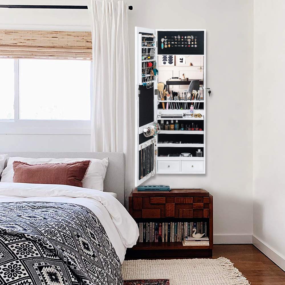 Bonnlo Lockable Jewelry Cabinet with 95 LED Lights - Wall Mount Jewelry Armoire with Mirror, Large Storage Organizer for Necklaces, Rings & Earrings | Perfect for Bedroom, Closet & Dressing Room Organization