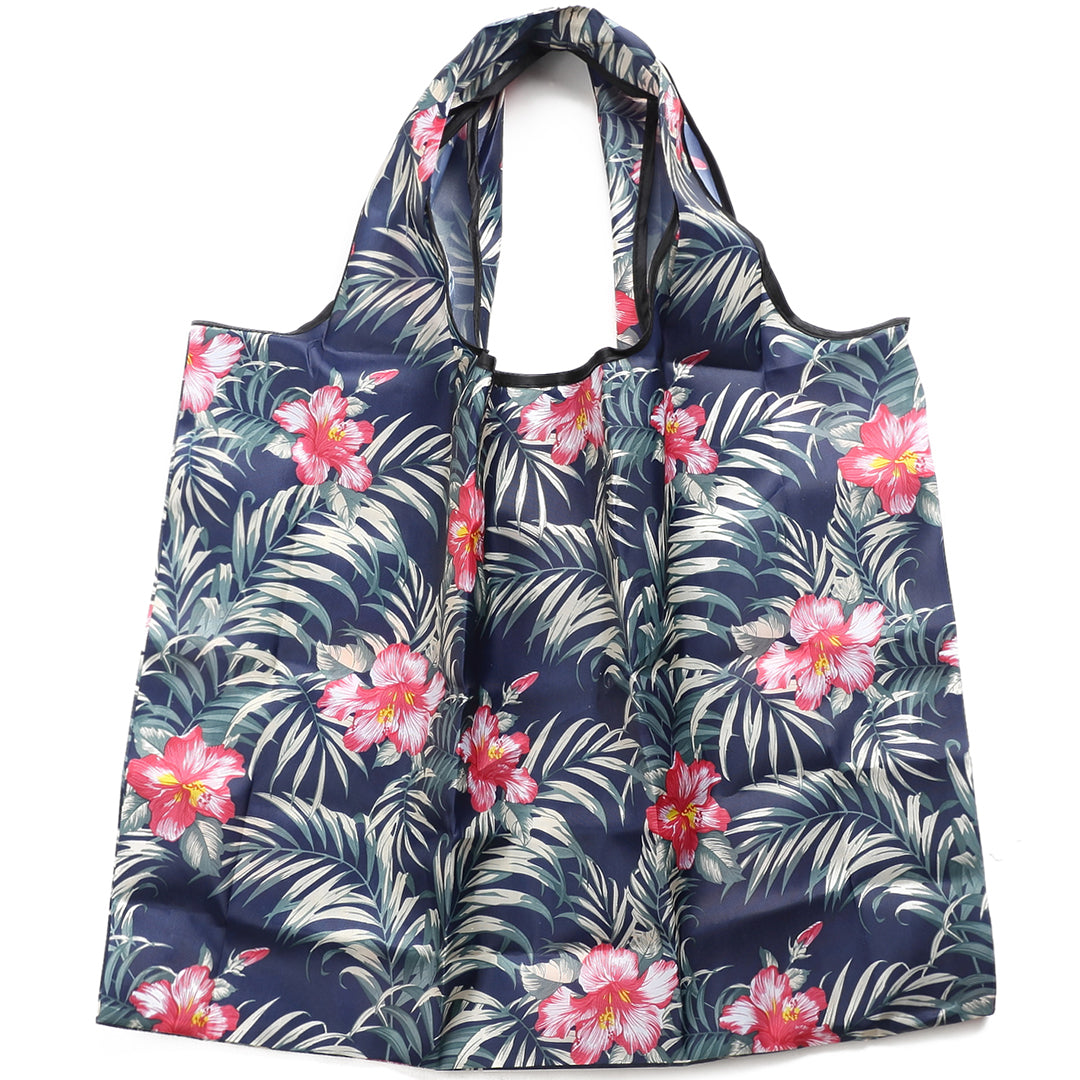 Foldable Tote Bag for Women - Jackie Monstera Hibiscus Navy Blue - Perfect for Shopping, Beach, Travel & Work Commute