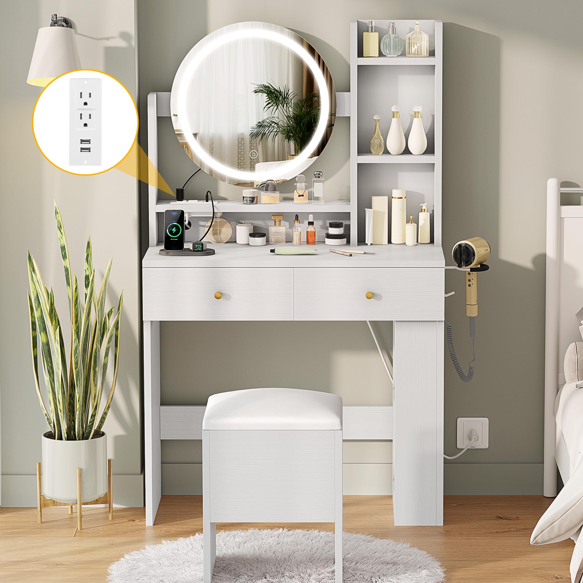 DWVO Vanity Desk with Mirror and LED Lights - Makeup Vanity Table Set with Power Outlets, Stool & 3 Lighting Modes - White Dressing Table with 3 Drawers & Storage Shelves for Bedroom - Perfect for Makeup Application, Skincare Routine & Home Decor
