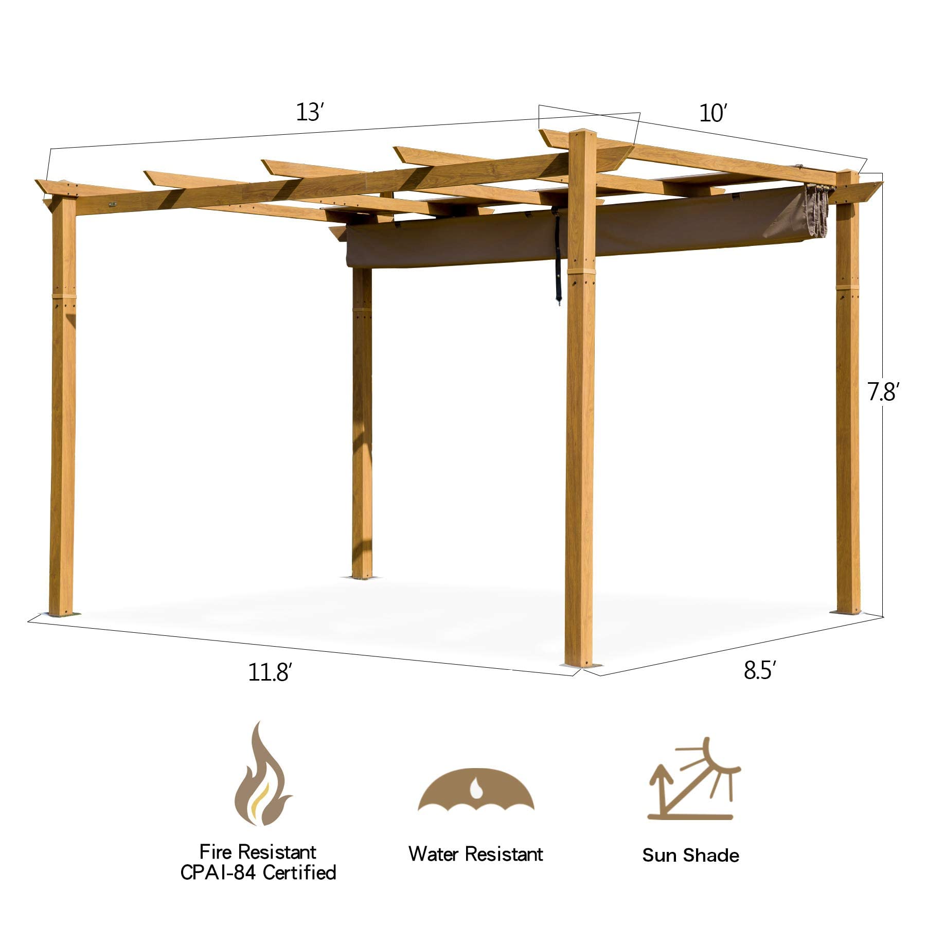 Domi Outdoor Living 10’ X 13’ Retractable Pergola with Heavy Duty Grape Trellis Sunshade - Teak Coated Patio Gazebo for Garden, Backyard & Courtyard | Perfect for Outdoor Dining, BBQ Grill Area & Relaxation