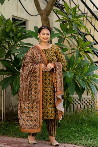Stylish Plus Size Brown & Green Ready-Made Salwar Suit for Women – Perfect for Festivals, Weddings & Special Occasions