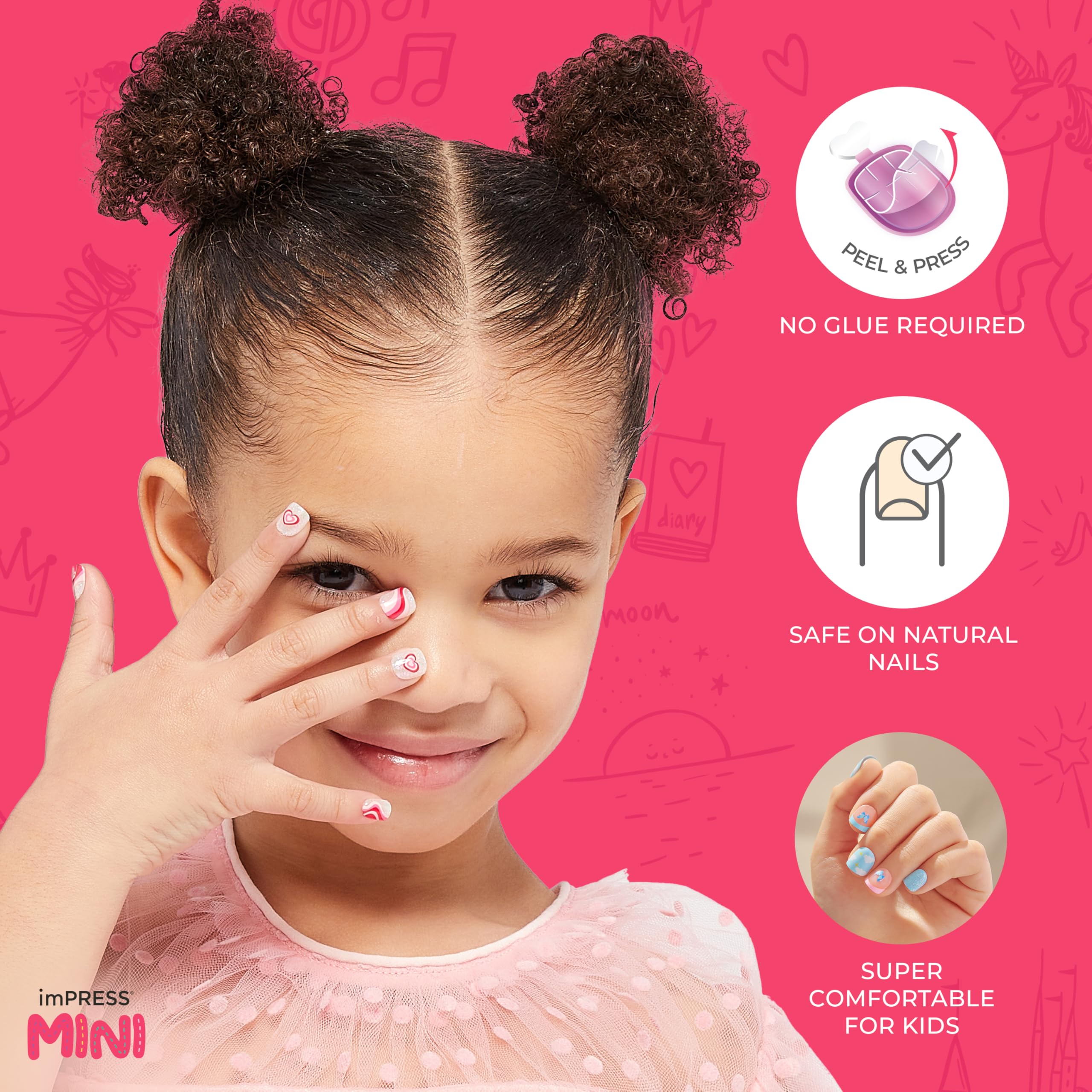 KISS imPRESS No Glue Press On Nails for Kids - Dream Big Pink Fake Nails | 20 Removable Nail Tabs, Mini Nail File | Easy DIY Manicure for Girls, Birthday Parties & Playdates