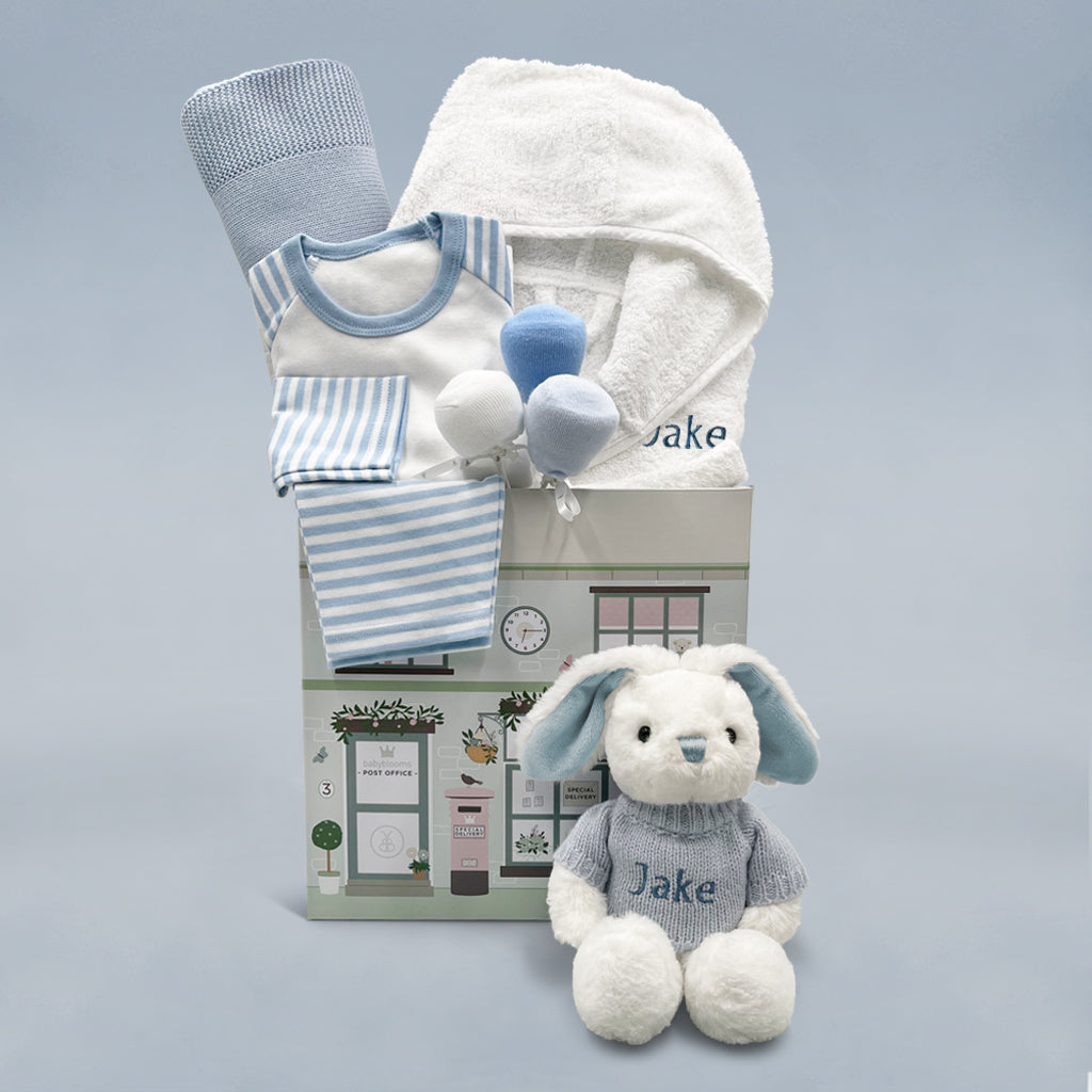 Personalized Baby Bunny Sleepy Time Hamper - Soft Blue Baby Bathrobe for Newborn to 12 Months | Cozy Nursery Essential for Bedtime & Bath Time