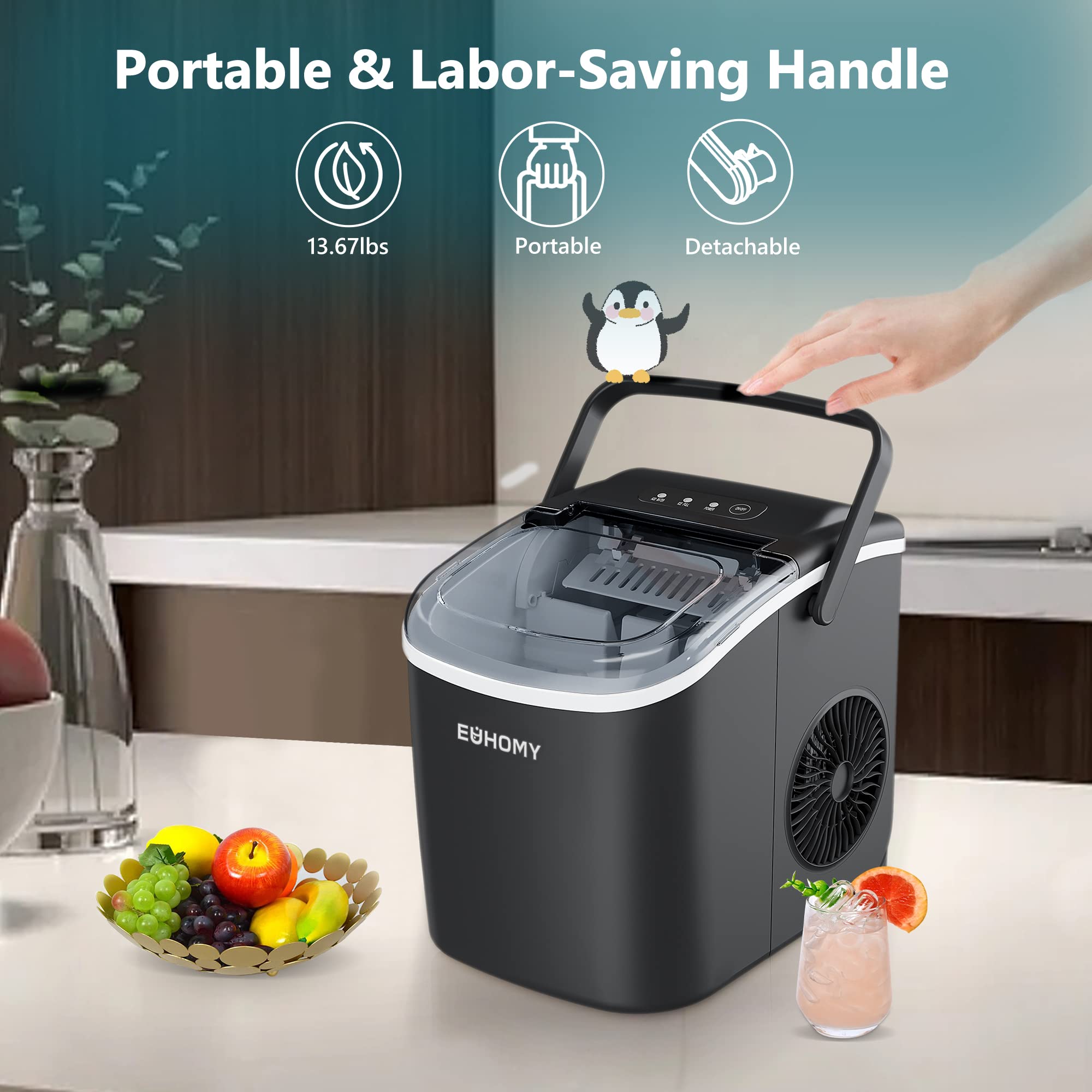 EUHOMY Portable Countertop Ice Maker Machine - 26lbs/24Hrs, 9 Cubes in 6 Mins - Auto-Cleaning with Ice Basket & Scoop - Compact Ice Maker for Home, Kitchen, RV, Camping & Outdoor Use (Black)