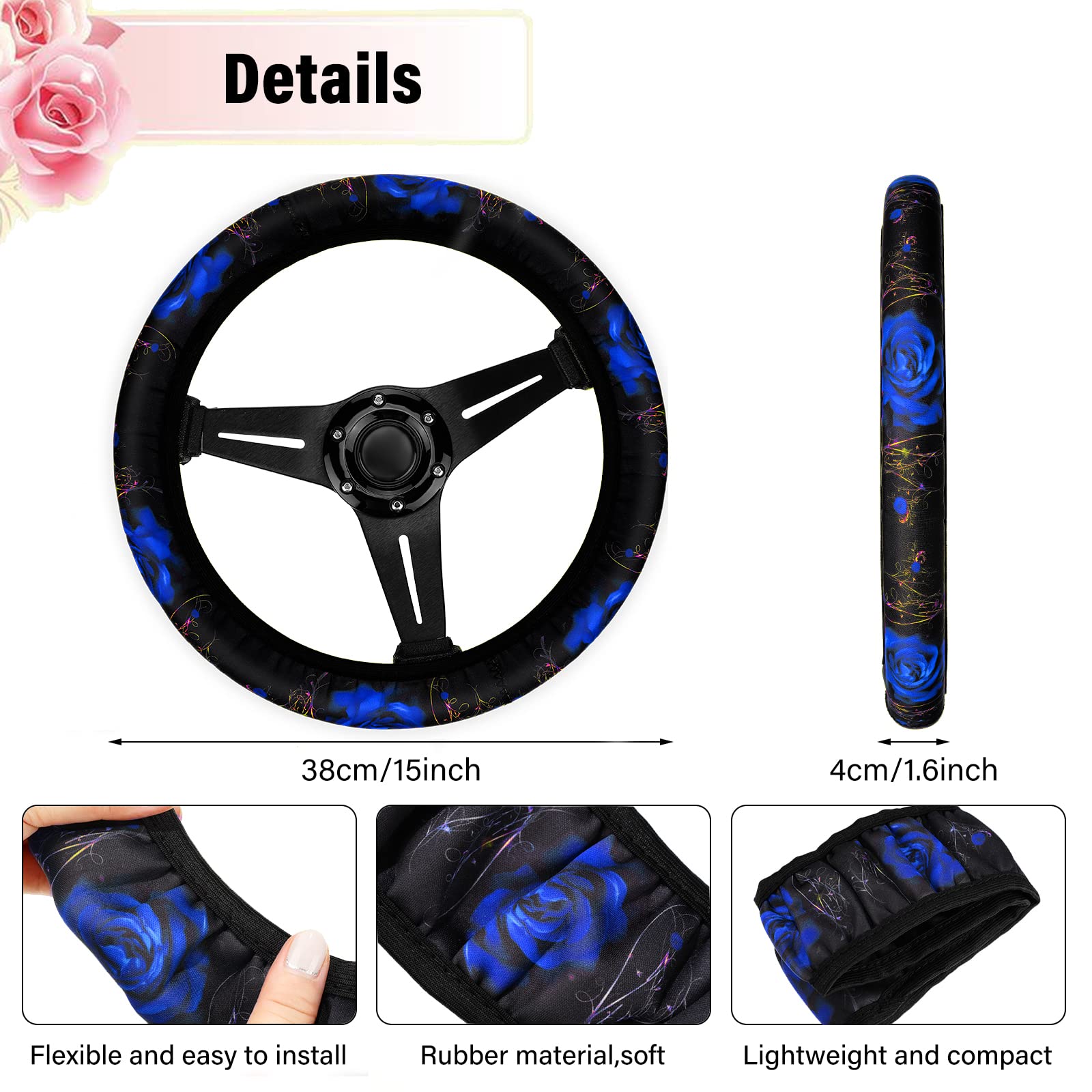 15-Piece Rose Flower Car Seat Covers Set for Women - Universal Fit with Rubber Steering Wheel Cover, Armrest & Seatbelt Covers - Front & Rear Backrest Protection - Soft Polyester Fabric (Blue) - Perfect for Daily Commute, Road Trips & Car Interior Decoration