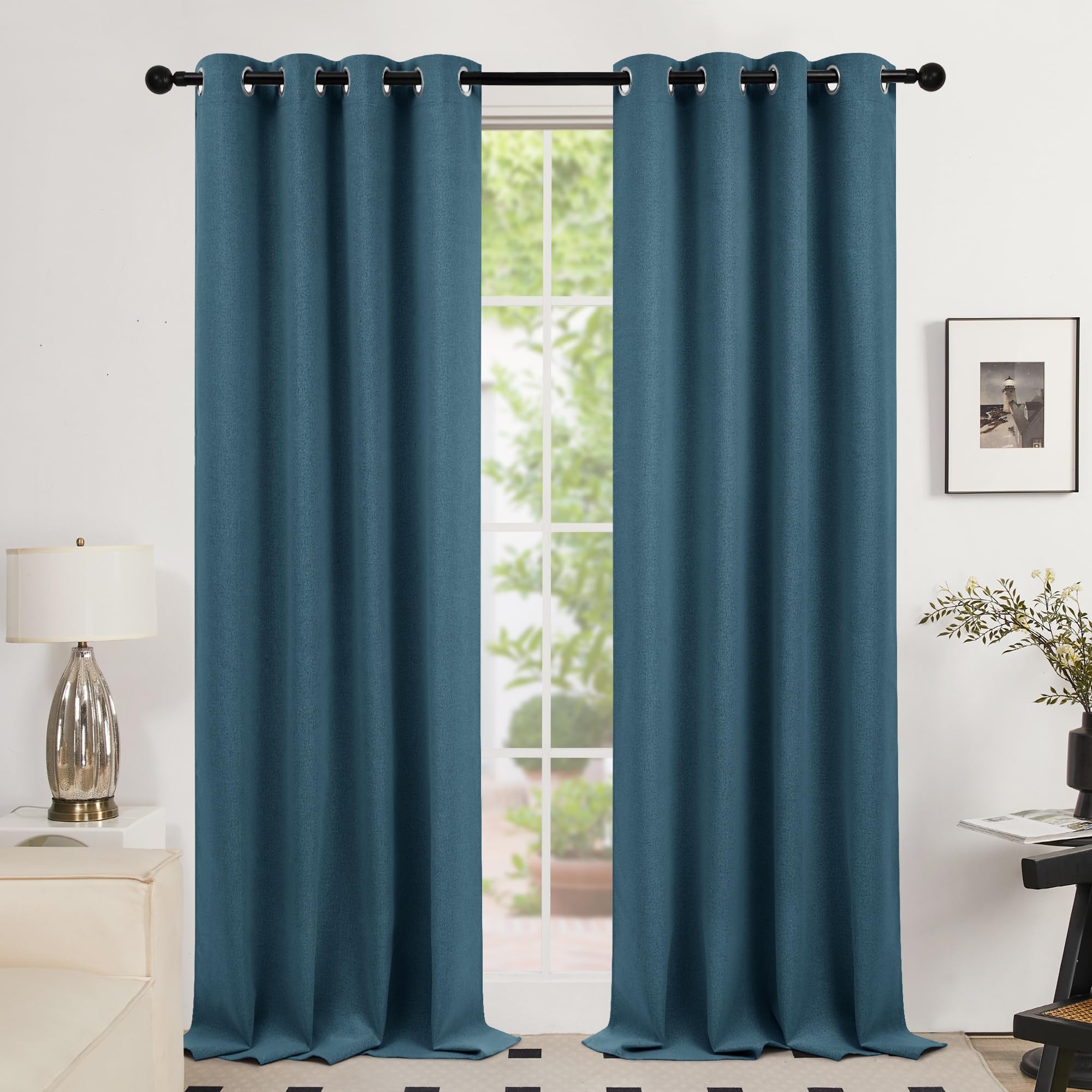 Deconovo Blackout Curtains - 100% Room Darkening Linen Drapes with Grommets for Bedroom, Living Room & Nursery (Aegean Blue, 52x108 Inches, 2 Panels) - Perfect for Light Sleepers, Home Theater & Shift Workers
