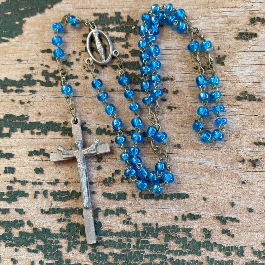 Vintage Italian Rosary with Blue Glass Beads - Handmade Catholic Prayer Beads for Religious Devotion, Gifts & Spiritual Meditation