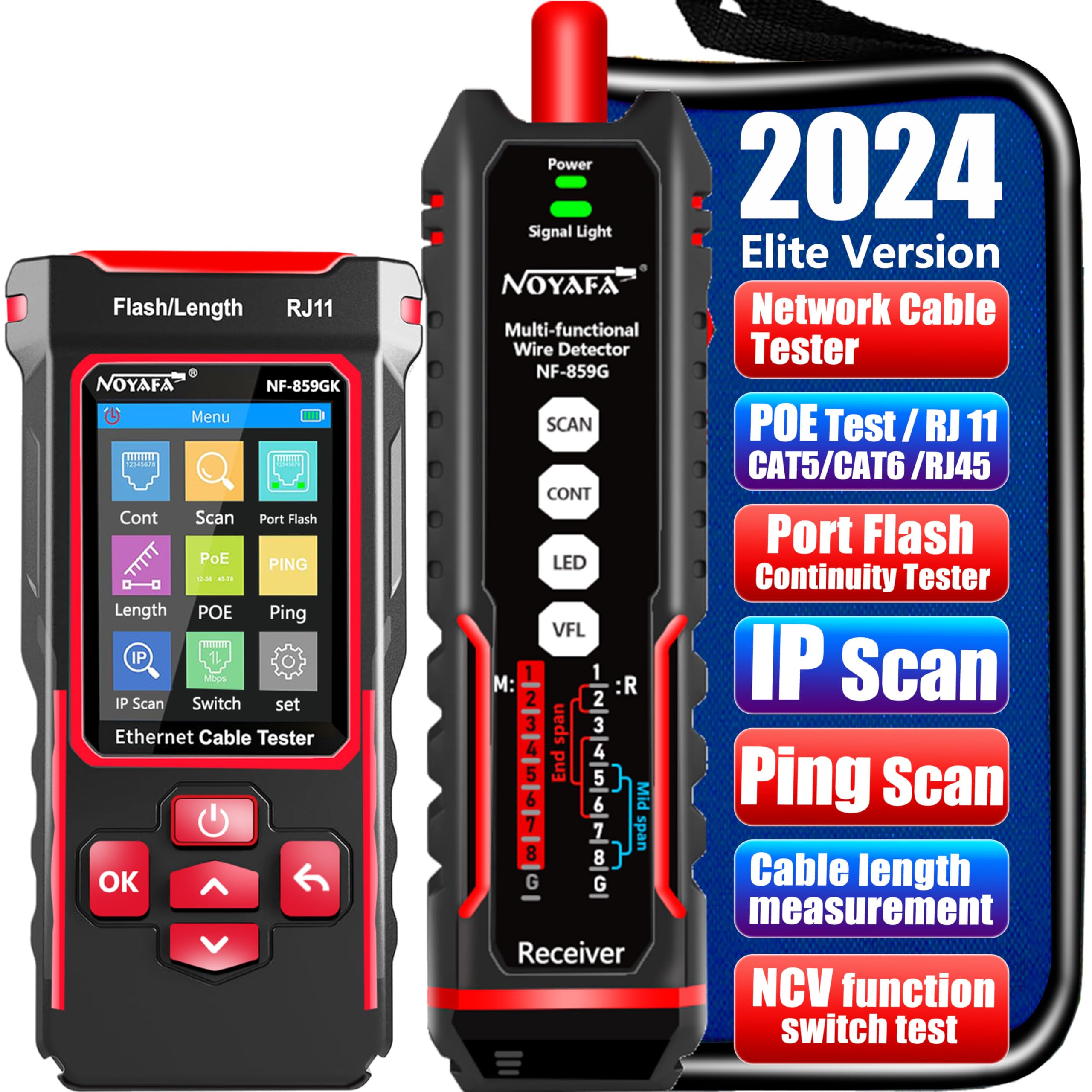 NOYAFA NF-859GK Professional Network Cable Tester with IP Tester, 10mw Visual Fault Locator, PING/POE/RJ45/RJ11 Tester for CAT5/CAT6/CAT3 Ethernet Cables - LAN Network Diagnostic Tool for Phone Lines & Wire Tracing (Perfect for IT Technicians & Network Installations)