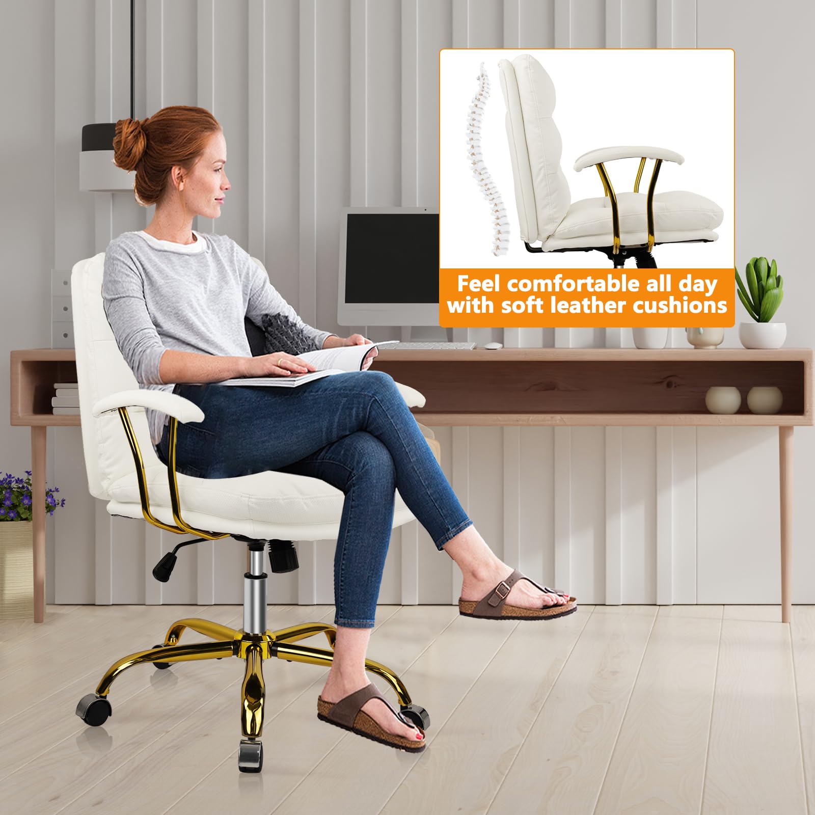 Ergonomic Office Desk Chair with Wheels & Adjustable Arms - Faux Leather Computer Chair for Home, Bedroom & Office - White Chair with Gold Casters (300lb Weight Capacity) - Perfect for Long Work Hours, Gaming & Study Sessions