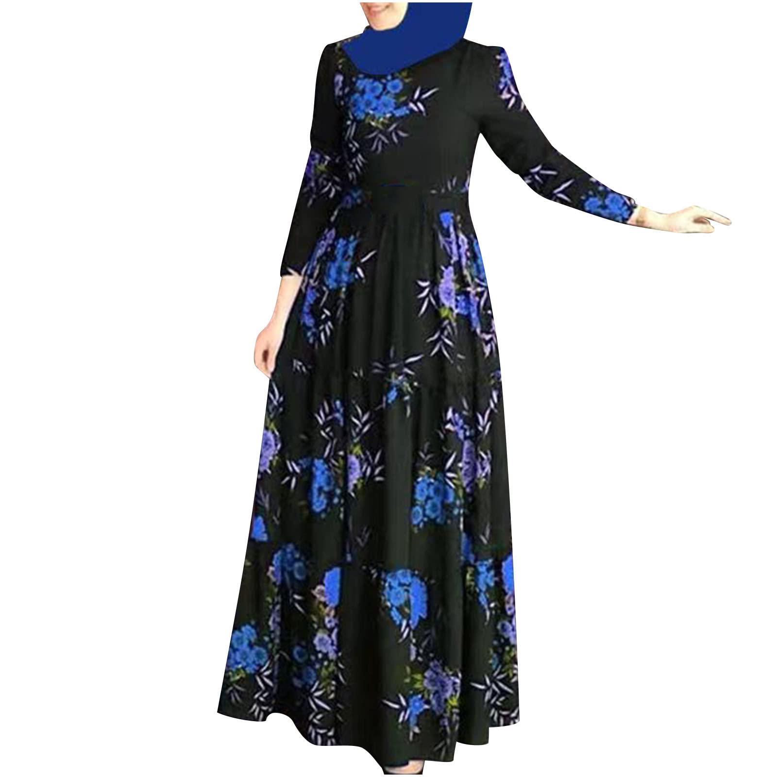 Women's Long Sleeve Floral Print Muslim Abaya Dress - Ethnic Style Belted Maxi Kaftan Robe for Dubai Evening Wear & Special Occasions