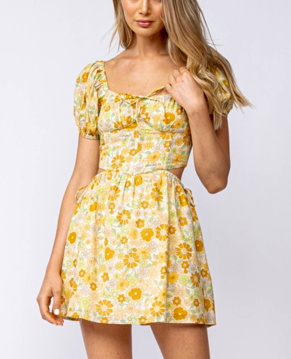 Gold Floral Mini Dress for Women - Short Sleeve Summer Garden Party Dress - Perfect for Outdoor Events, Weddings & Brunch Dates