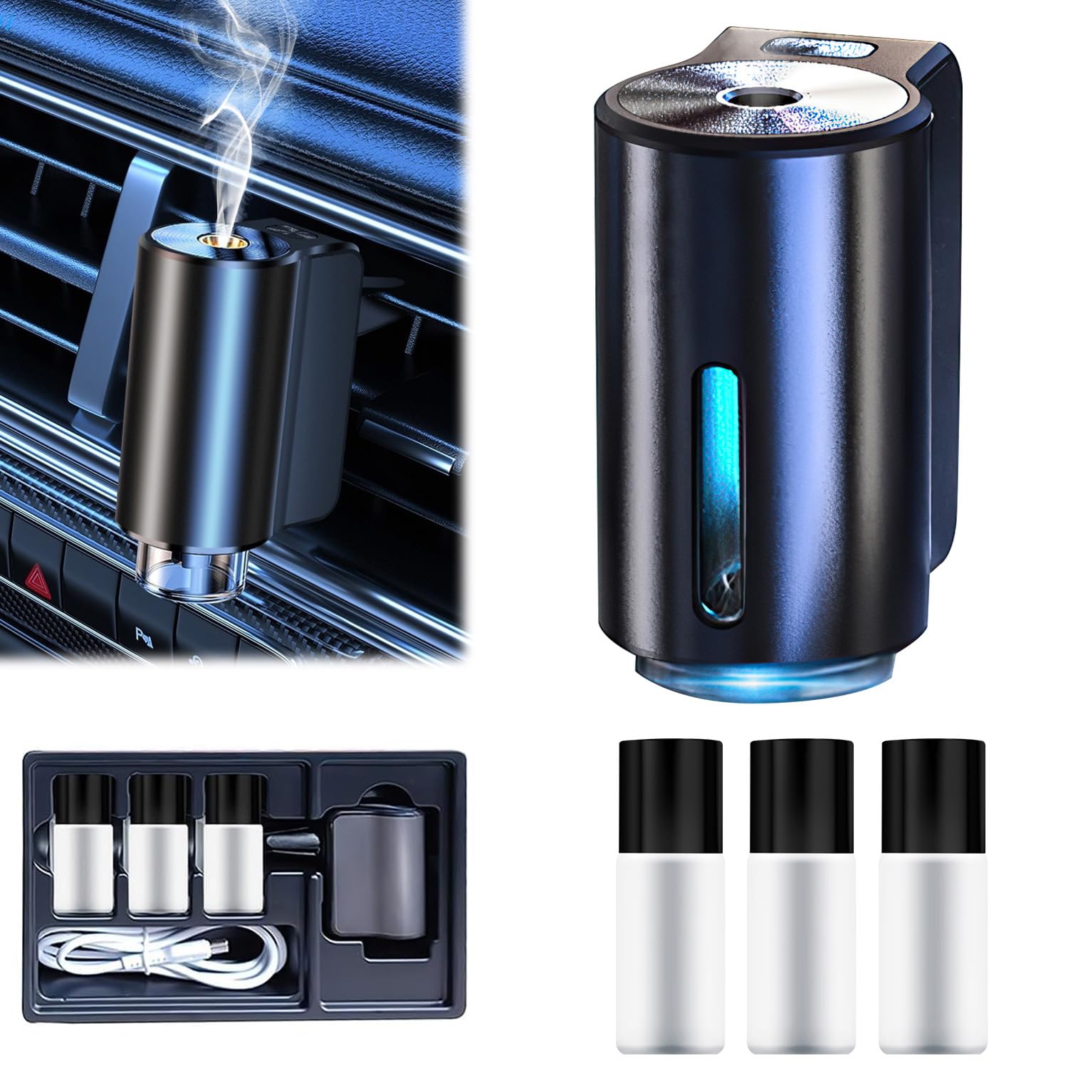 Smart Car Air Freshener with 3 Adjustable Fragrance Oils - USB Powered Auto Aroma Diffuser for Fresh Car Interior - Perfect for Sedans, SUVs & Office Spaces