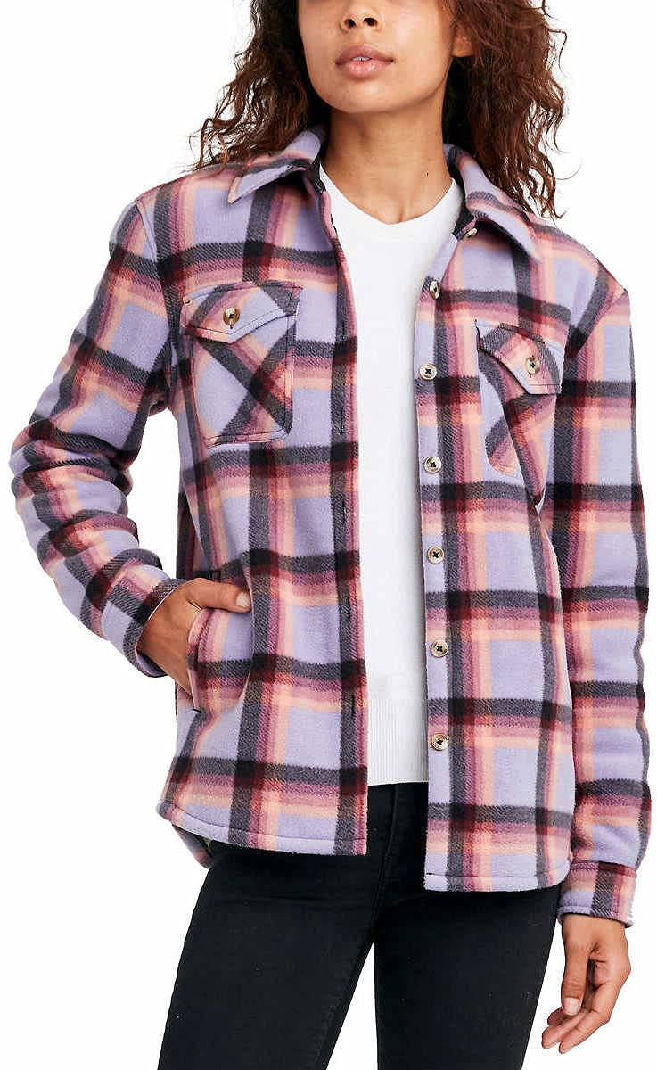 Women's Long Sleeve Plaid Sherpa Lined Fleece Shirt Jacket with Pockets - Cozy Winter Outerwear for Hiking, Camping & Casual Wear
