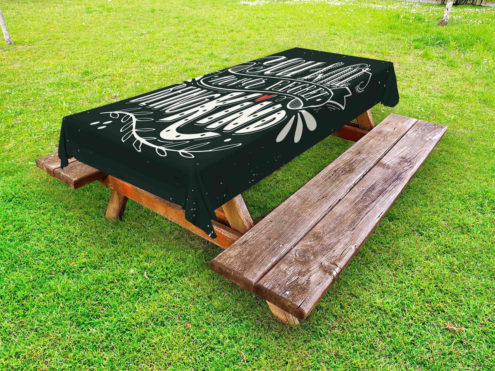 Ambesonne Inspirational Tablecloth - 'You Will Never Regret Being Kind' Handwritten Design on Ink Splatter Background, Washable Outdoor Picnic Table Cover, 58x120 Inches, Black Ivory Vermilion - Perfect for BBQs, Garden Parties & Picnics