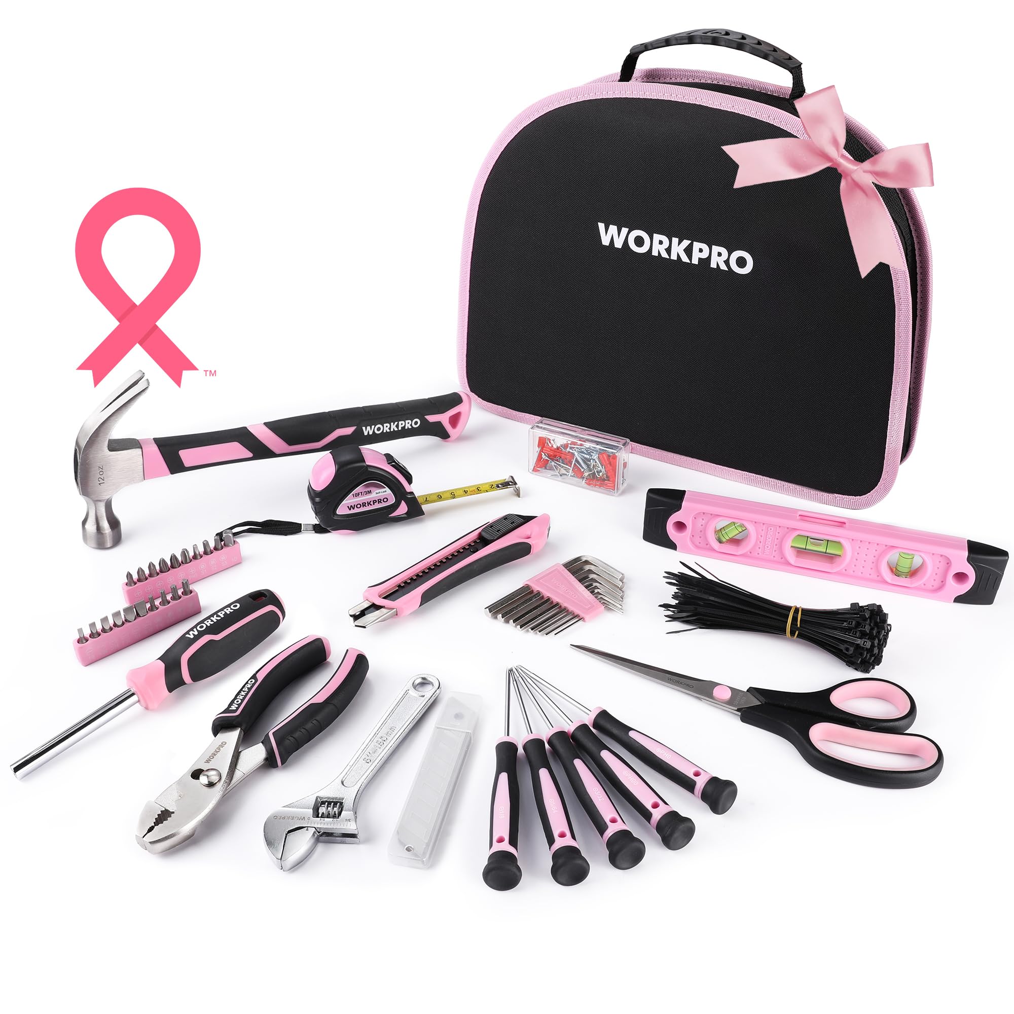 WORKPRO 236-Piece Pink Tool Kit with Carrying Pouch - Household & DIY Tool Set for Women, Home Maintenance, Repairs - Perfect for Gifts, Crafting, and Small Projects