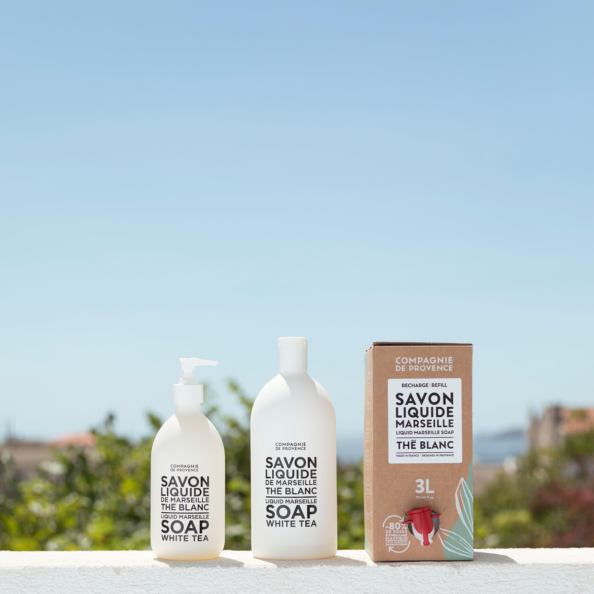 Compagnie de Provence Extra Pure Marseille Liquid Soap - White Tea Scent, 101.4 Fl Oz Eco Refill for Hand Wash & Body Cleanser | Perfect for Bathroom, Kitchen & Sustainable Home Use
