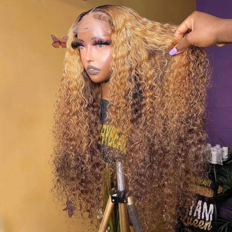 Eullair Ombre 1B Honey Blonde Brown Curly Lace Frontal Wig - Glueless Human Hair Wig with Pre-Plucked Hairline for Women | Perfect for Daily Wear, Parties & Special Occasions