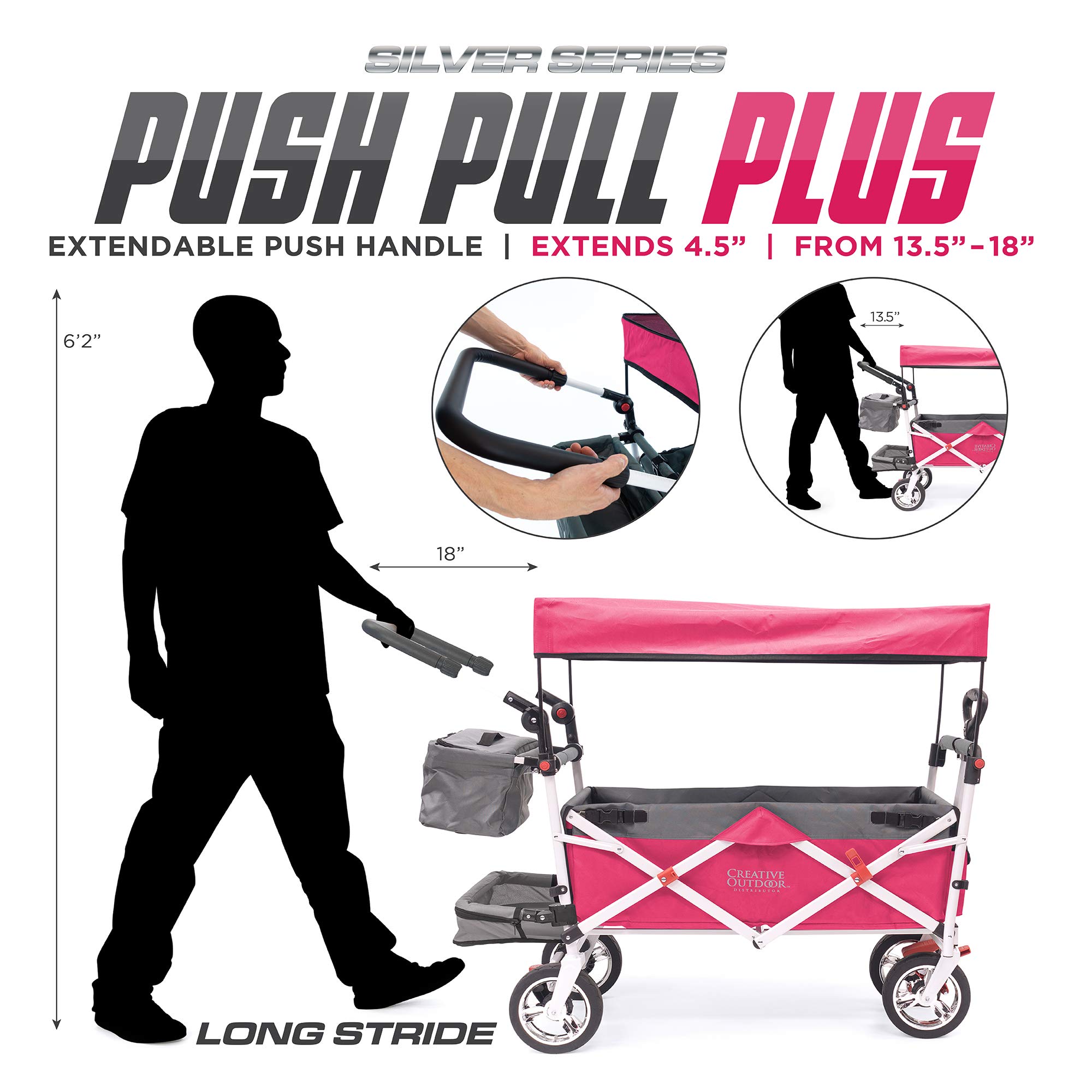 Creative Outdoor Wagon for Kids - Push & Pull Collapsible Stroller with Canopy | Foldable Wagon for Beach, Park, Garden & Tailgate Parties | Silver Series Plus in Pink | Perfect for Family Outings, Picnics & Outdoor Adventures