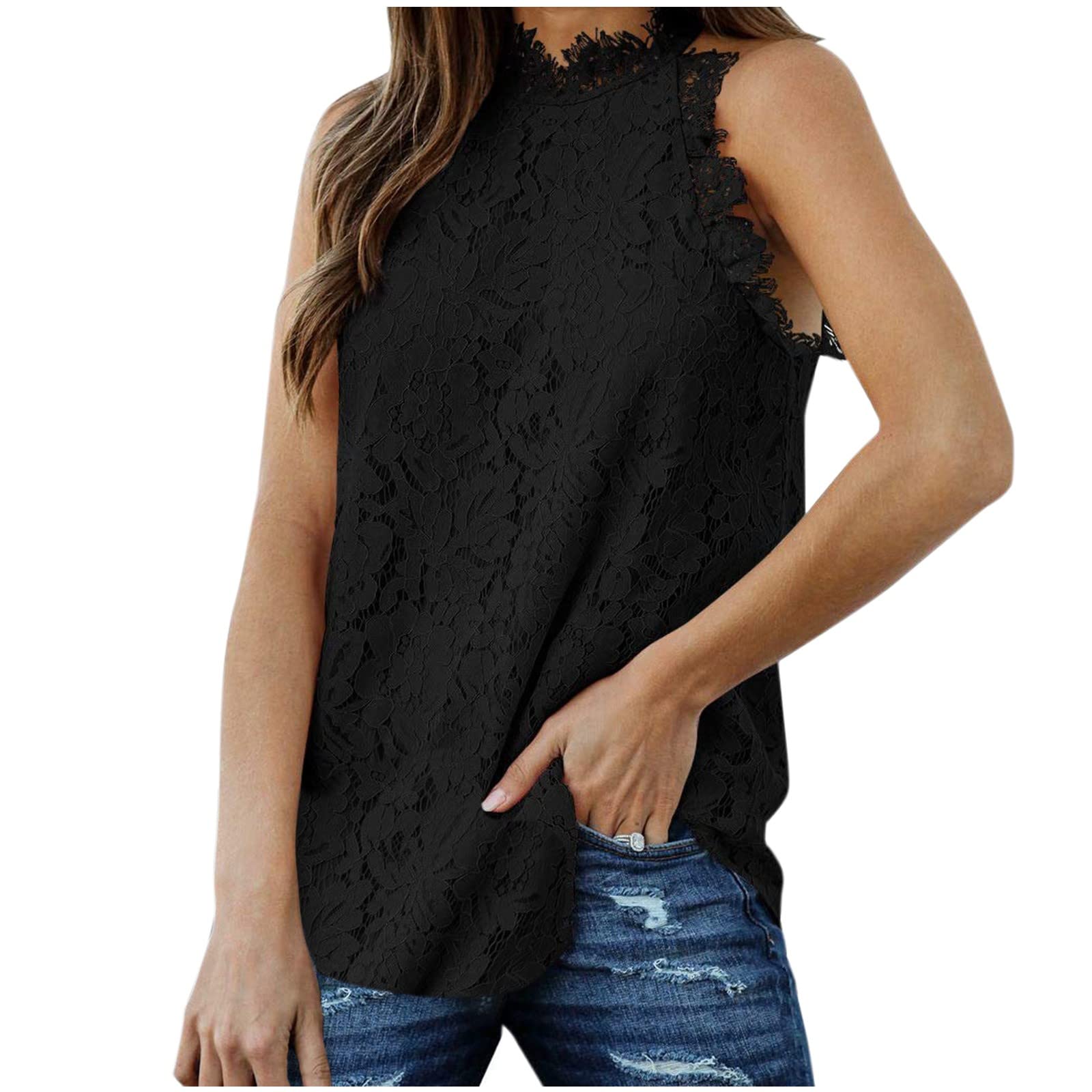 Lace Crochet Hollow Out Tank Top for Women - Summer Sleeveless Blouse (Black, XXL) - Beach & Party Wear