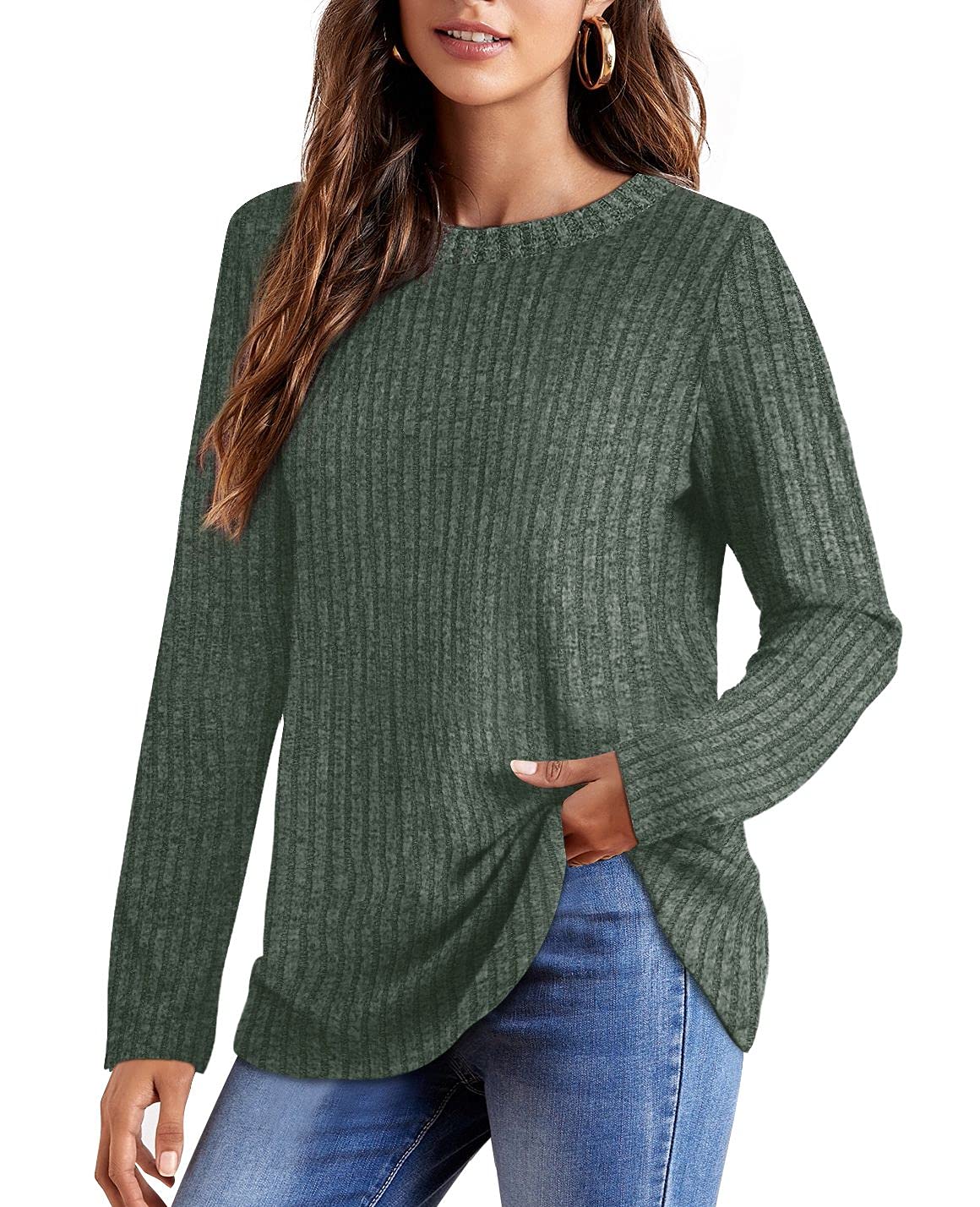 OFEEFAN Women's Lightweight Long Sleeve Crew Neck Casual Tunic Tops - Perfect for Work, Travel & Everyday Wear
