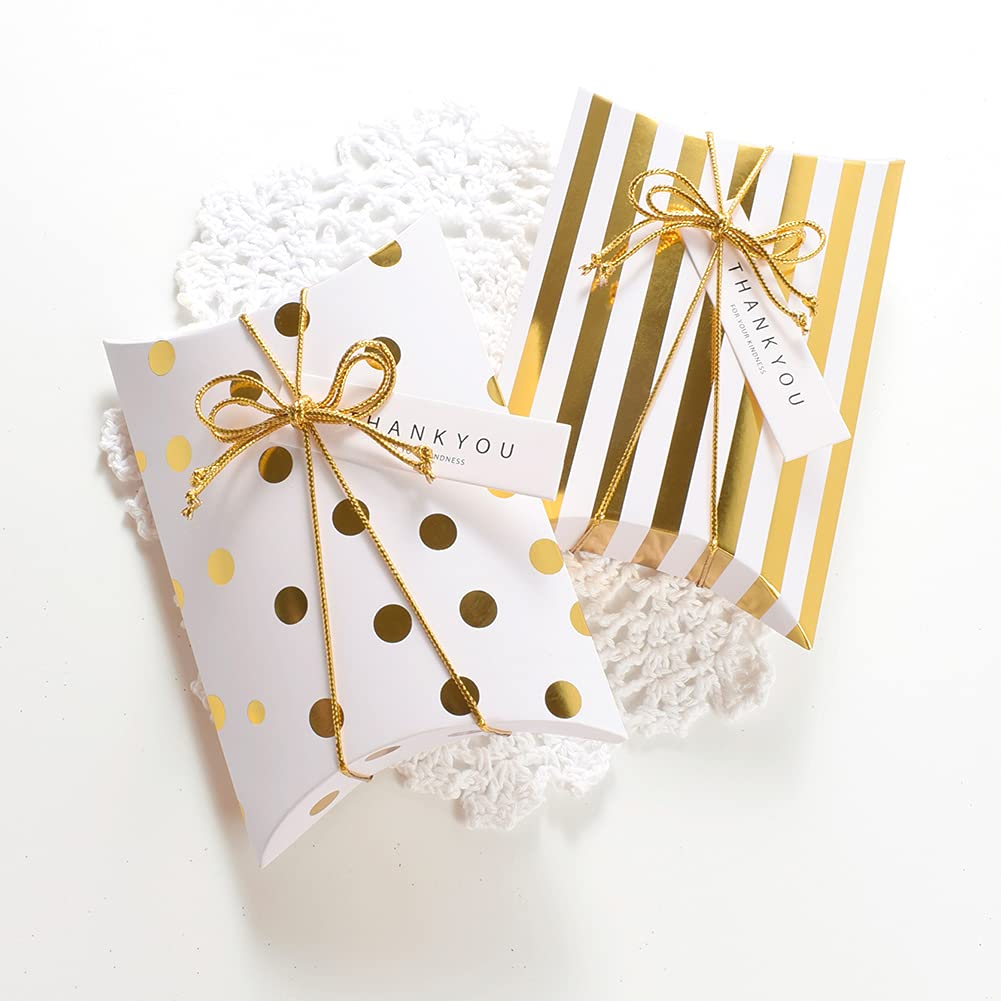 AKOAK 10-Piece Wedding Creative Pillow Box Set - Elegant Candy Gift Boxes for Wedding Favors, Birthday Party, Christmas Gifts (Gold Dotted Design) - Perfect for Bridal Showers, Baby Showers & Holiday Celebrations