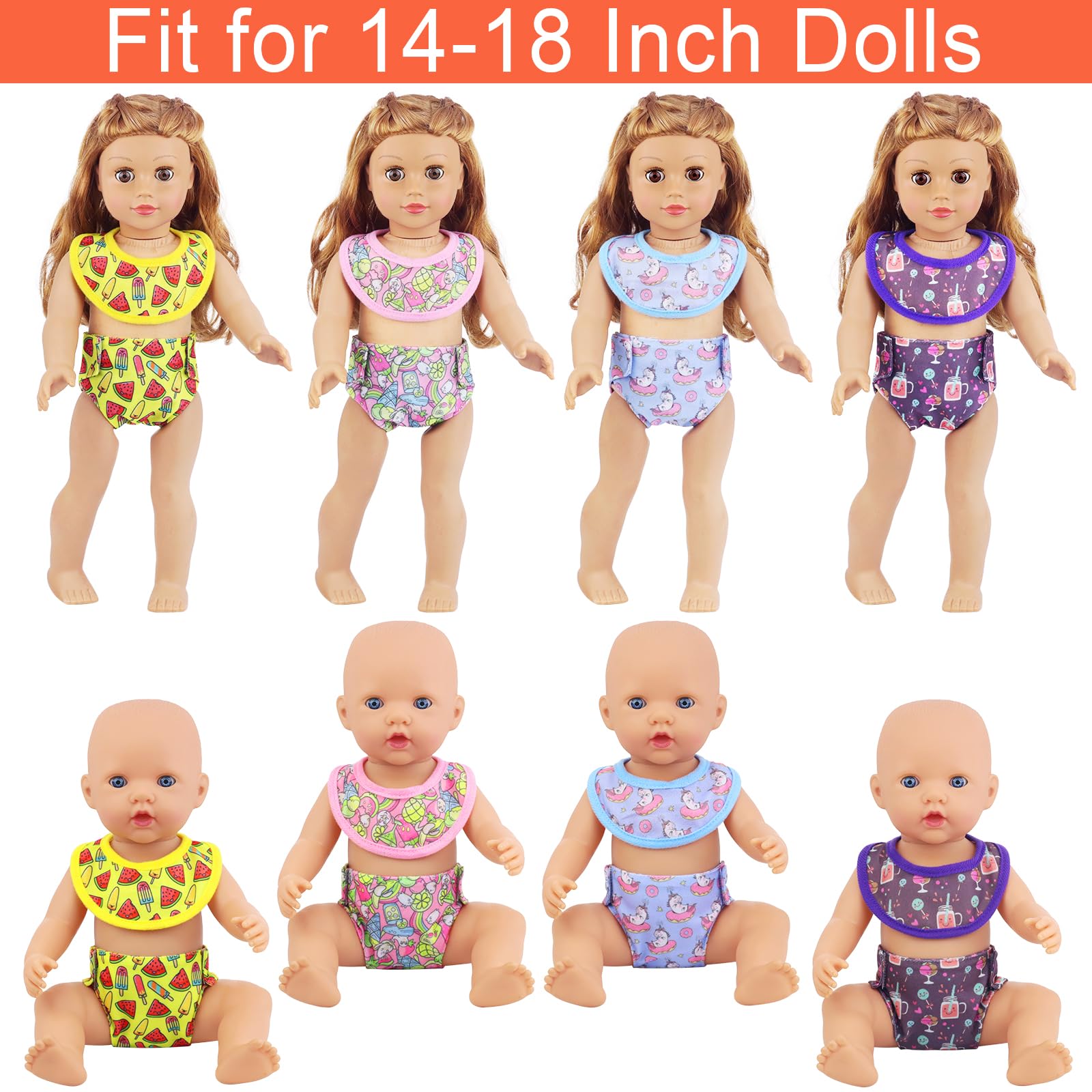 UNICORN ELEMENT Doll Diapers & Bibs Set for 14-18 Inch Baby Dolls - Soft Washable Doll Underwear & Feeding Accessories for Baby Girl Dolls - Perfect for Playtime, Pretend Care & Nursery Role Play