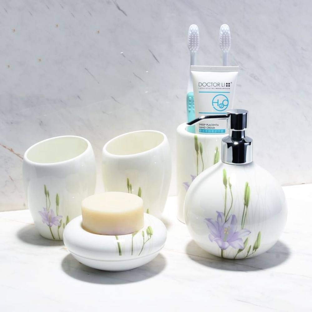 Vintage Ceramic Bathroom Accessories Set - 5 Piece White Lily Flower Vanity Decor with Soap Dispenser, 2 Tumblers, Toothbrush Holder & Soap Dish | Perfect for Home, Hotel & Bathroom Decor | Elegant Storage Solution for Toiletries & Essentials