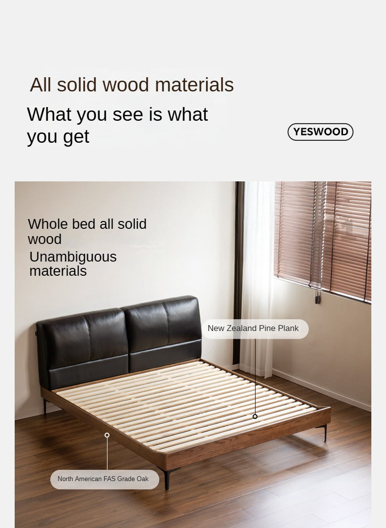 Luxury Oak Solid Wood Bed with Soft Leather Upholstery - Elegant Master Bedroom Furniture for Modern Home Decor