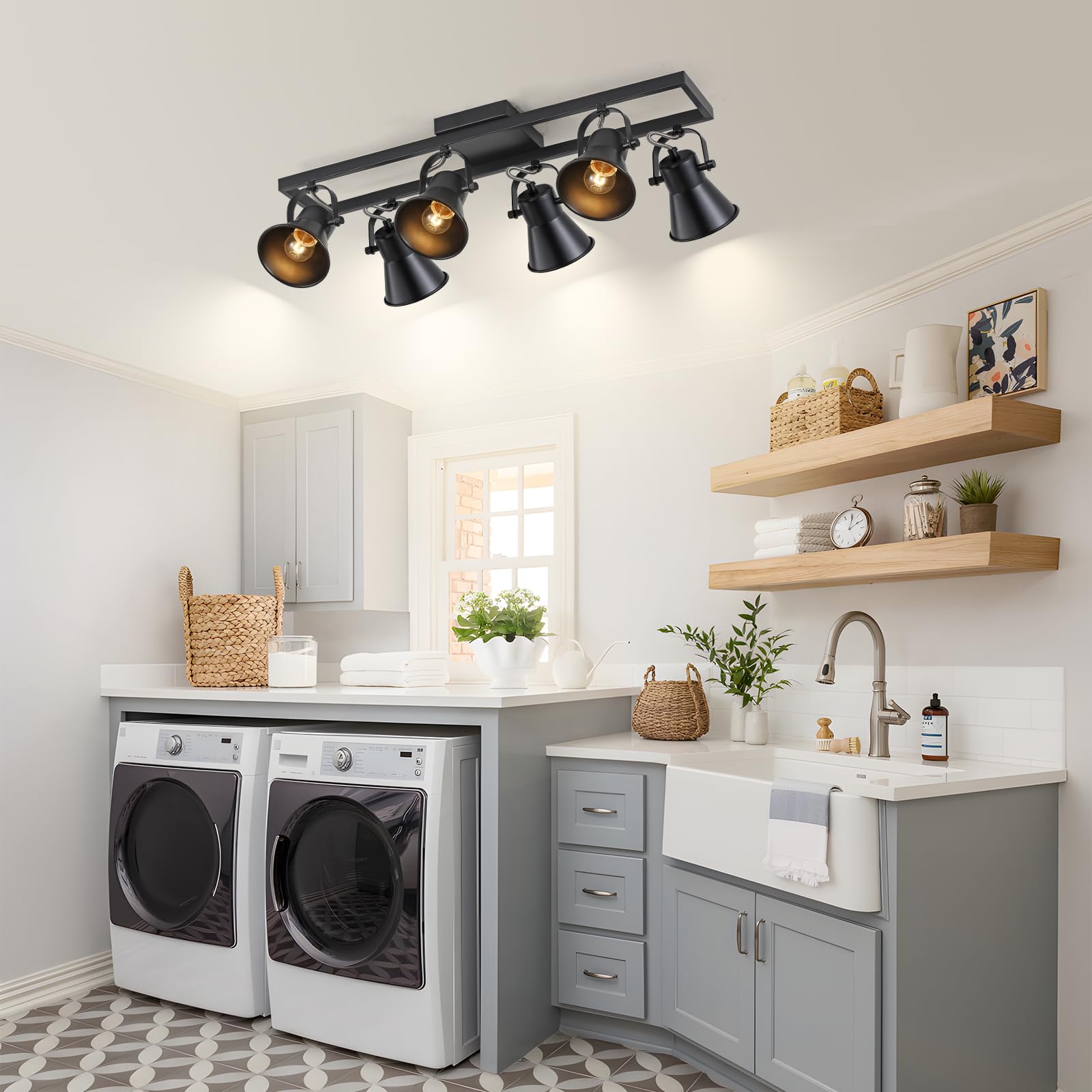 Modern Black 6-Light Track Lighting Fixture with Rotatable Heads - Industrial Ceiling Spotlight for Kitchen, Living Room, Laundry & Entryway | Perfect for Task Lighting, Accent Decor & Modern Home Interiors
