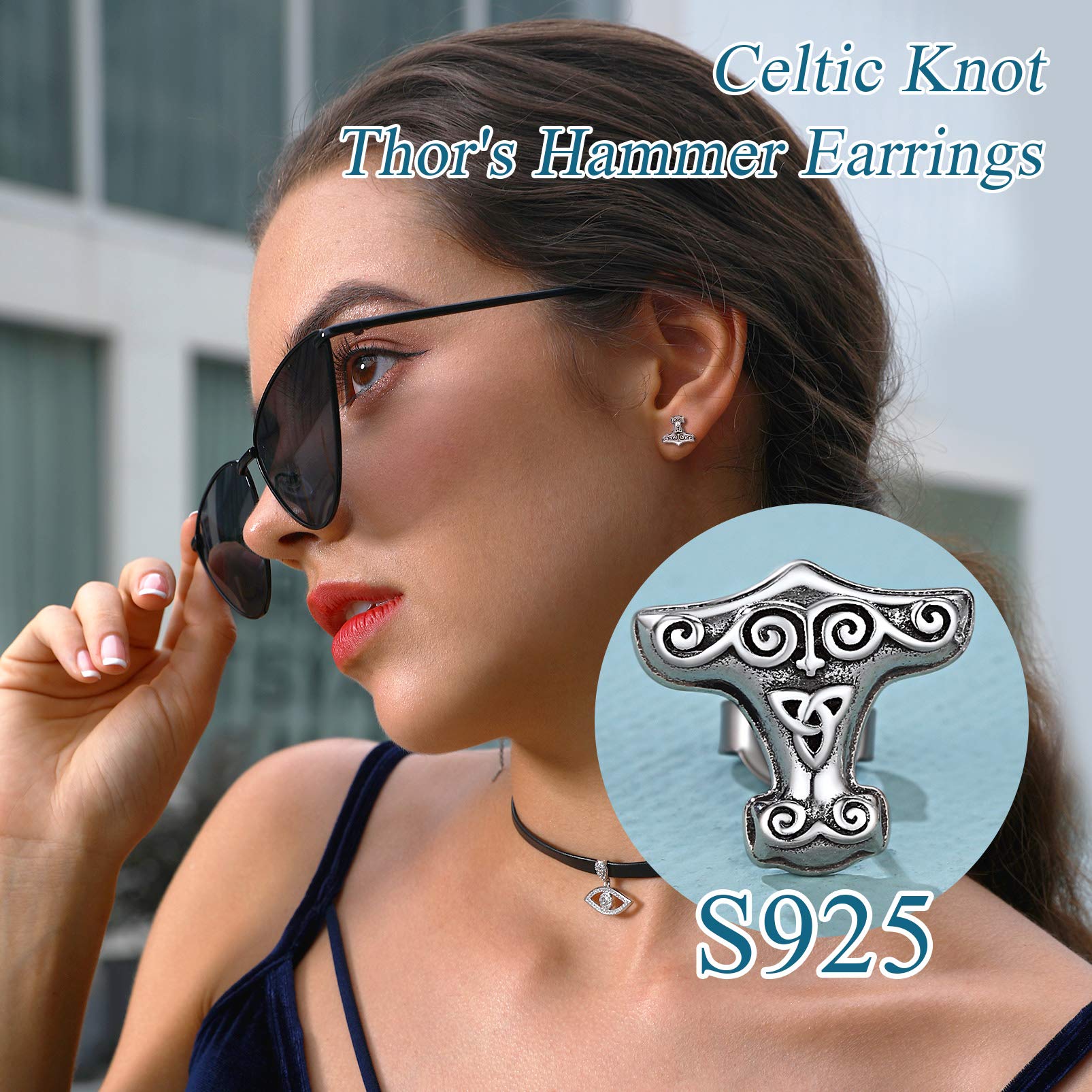 Viking Jewelry for Men & Women - Thor's Hammer Stud Earrings in Sterling Silver with Celtic Knot & Wolf Head Design - Perfect for Cosplay, LARP, Historical Reenactment & Norse Fashion
