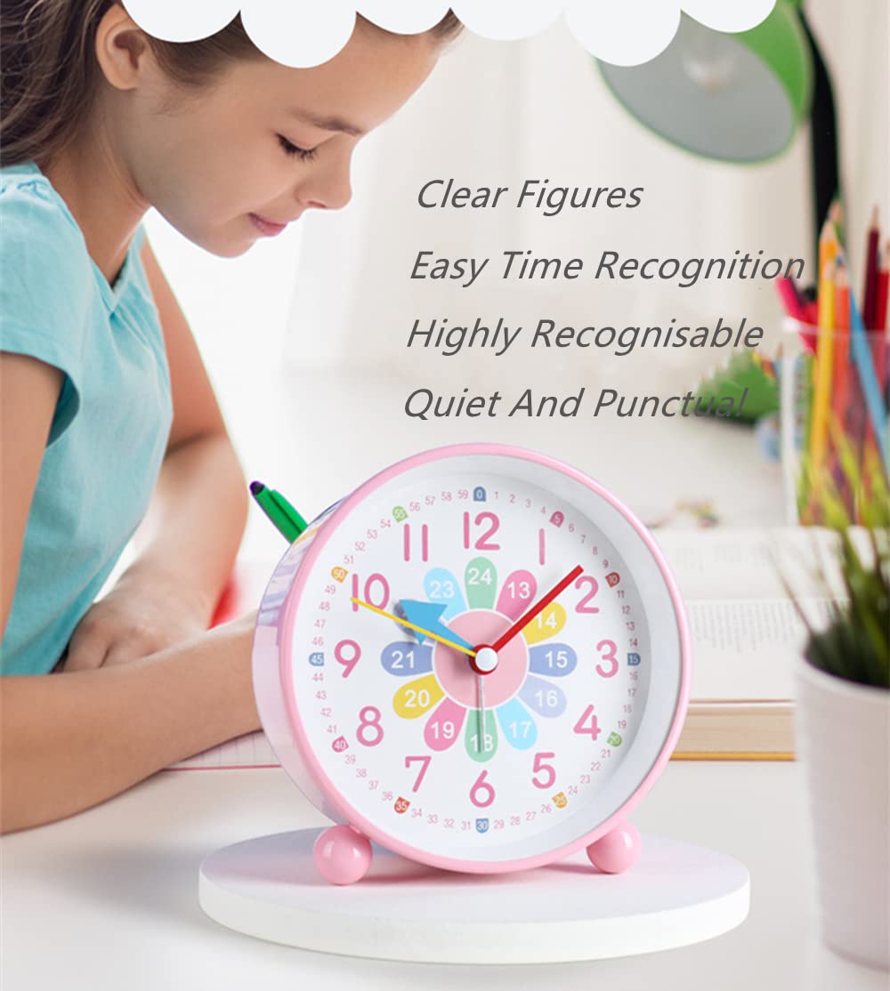 Educational Analog Alarm Clock for Kids - 4 Inch Silent Non-Ticking Teaching Clock with Night Light | Perfect for Bedroom, Nursery & Classroom Learning | Purple Cute Desk Clock for Girls & Boys