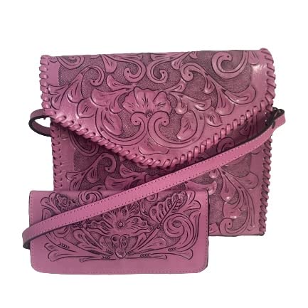 Handmade Lilac Leather Crossbody Bag for Women with Adjustable Shoulder Strap & Matching Wallet | Detachable Strap Tooled Leather Purse | Perfect for Travel, Shopping, and Everyday Use