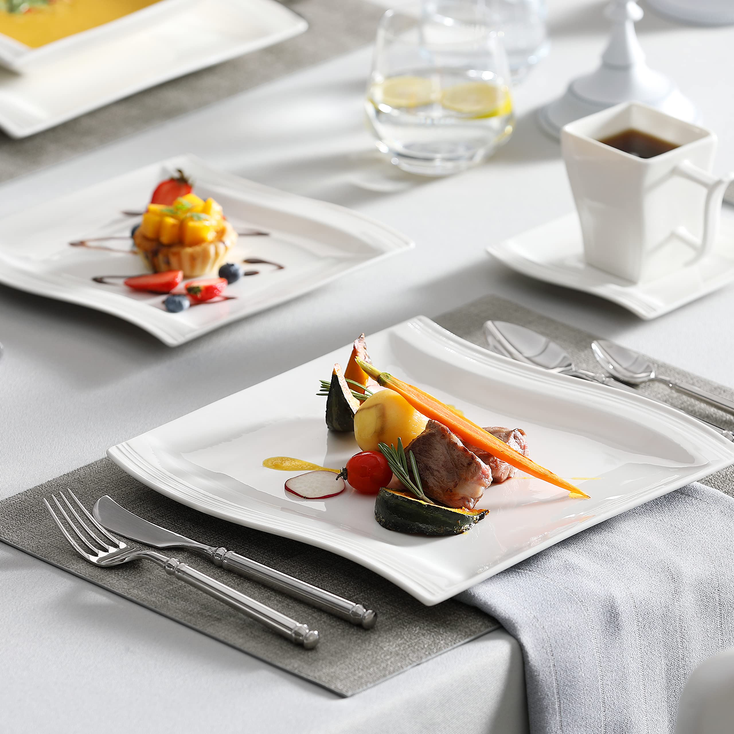 MALACASA 30-Piece Ivory White Porcelain Dinnerware Set - Square Plates & Bowls for 6, Modern Dish Set, Microwave & Dishwasher Safe Kitchen Dishware (Flora Series) - Perfect for Family Dinners, Restaurants, and Special Occasions
