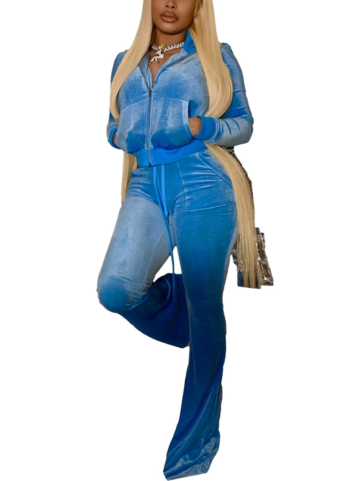 Women's Velour 2-Piece Outfit Set - Zip Crop Jacket & Wide Leg Pants Tracksuit for Lounge, Workout & Streetwear Fashion