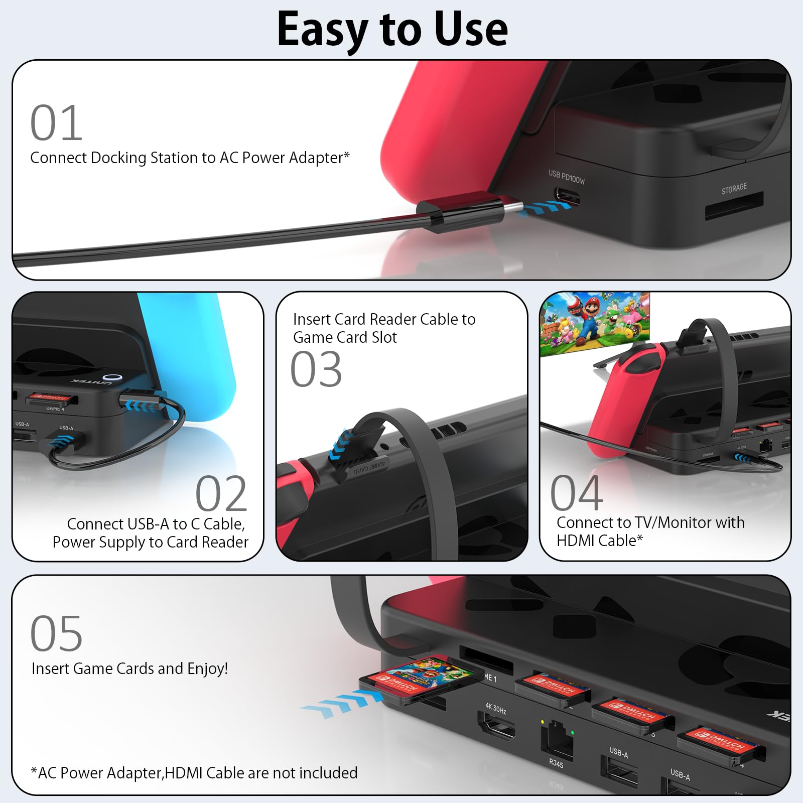 Unitek Switch Dock Station - 4K HDMI/USB 3.0/USB-C Charging Ports, Portable Nintendo Switch Dock Replacement with 4 Game Card Slots | Perfect for Travel, Home Gaming & Multiplayer Sessions