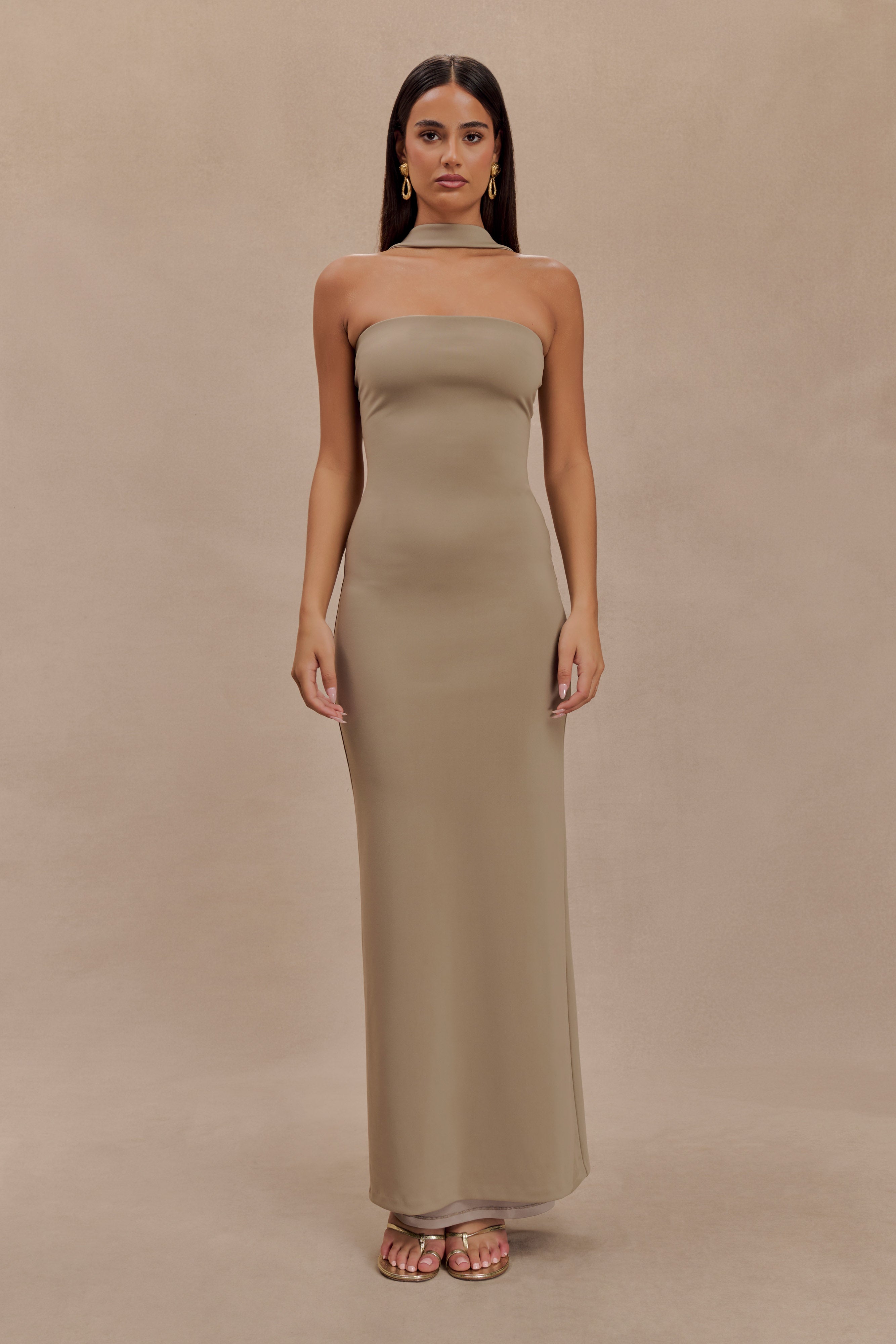 Velma Halter Collar Maxi Dress in Mushroom - Elegant Women's Summer Flowy Long Dress for Beach, Party & Special Occasions