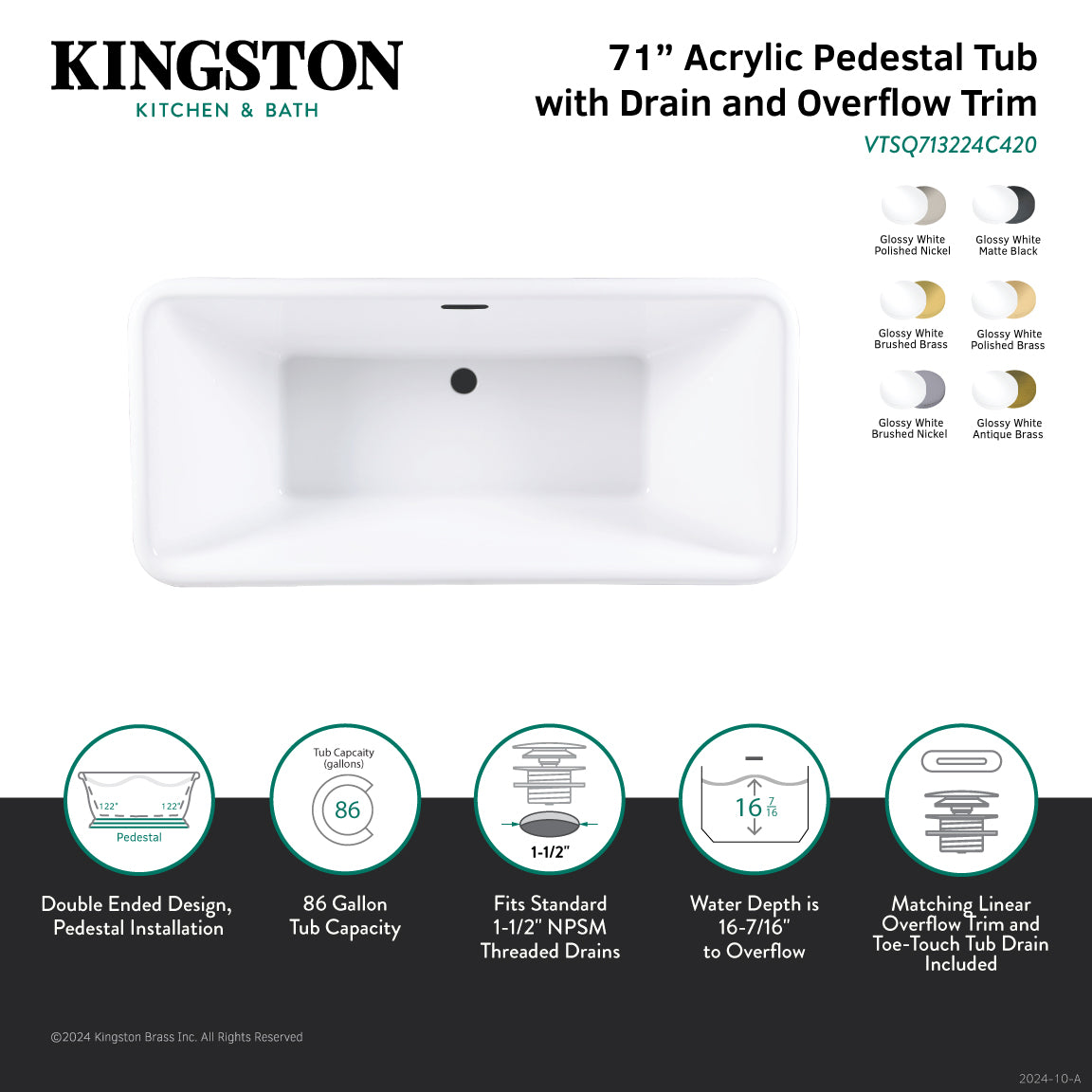 Aqua Eden 71 Inch Acrylic Oval Rectangular Double Ended Pedestal Bathtub - Glossy White/Matte Black - Freestanding Soaking Tub with Drain (No Faucet Holes) - Perfect for Modern Bathroom & Spa Relaxation