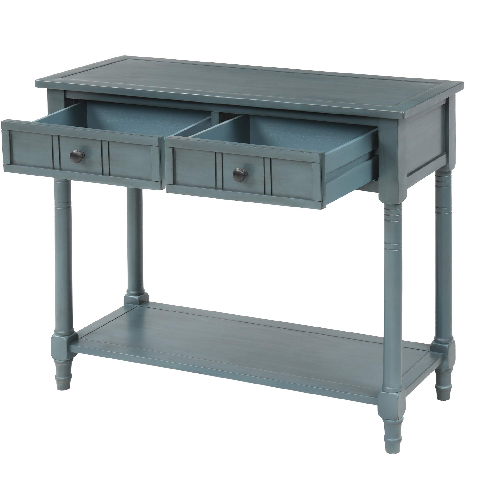 Danxee Solid Wood Entryway Console Table - Traditional Design with 2 Drawers & Bottom Shelf - Navy Blue Sofa Table for Hallway, Living Room & Foyer Decor