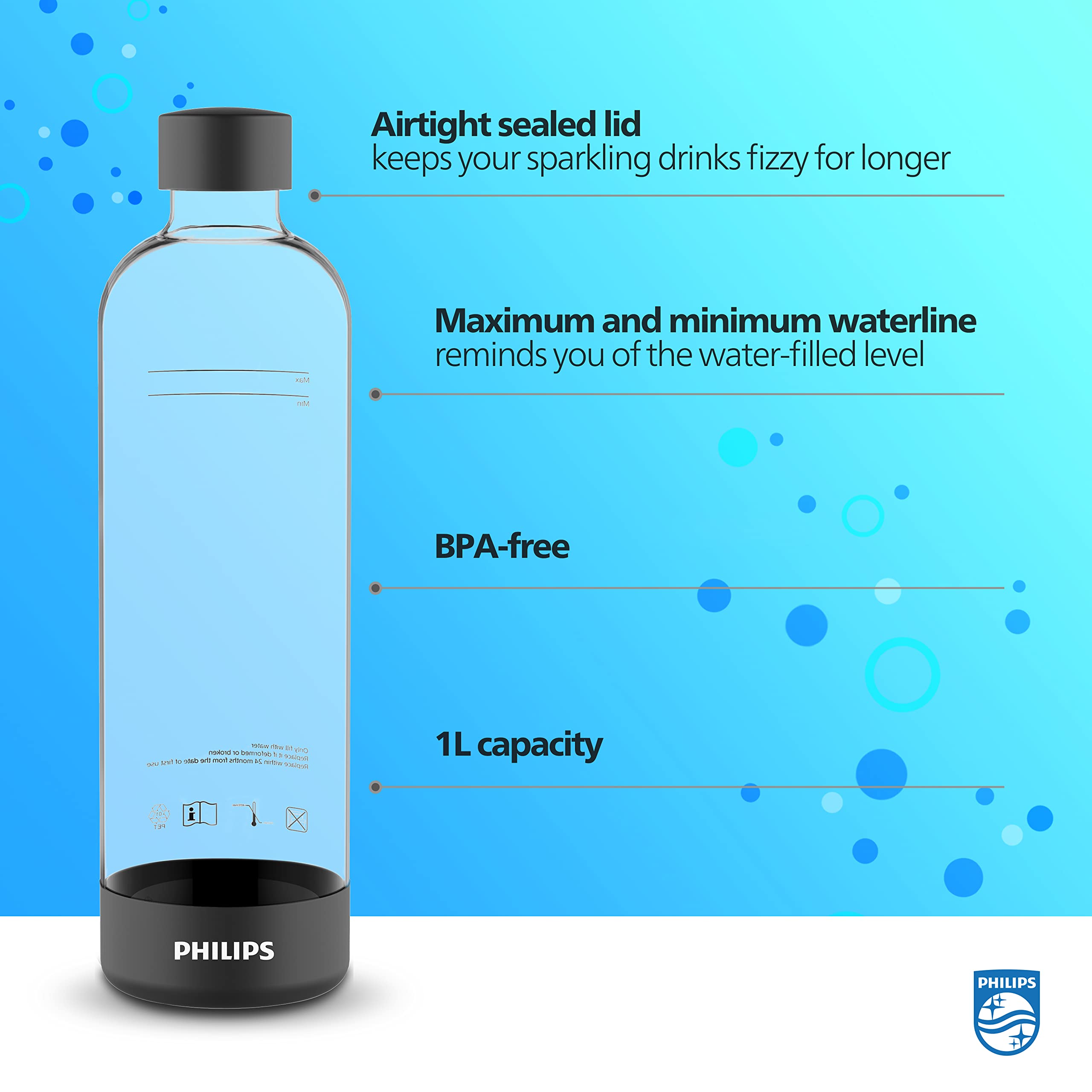 PHILIPS Sparkling Water Maker & Soda Machine with 1L Carbonating Bottle - Twin Pack Reusable PET Bottles for Homemade Carbonated Drinks | Perfect for Kitchen, Parties & Healthy Hydration