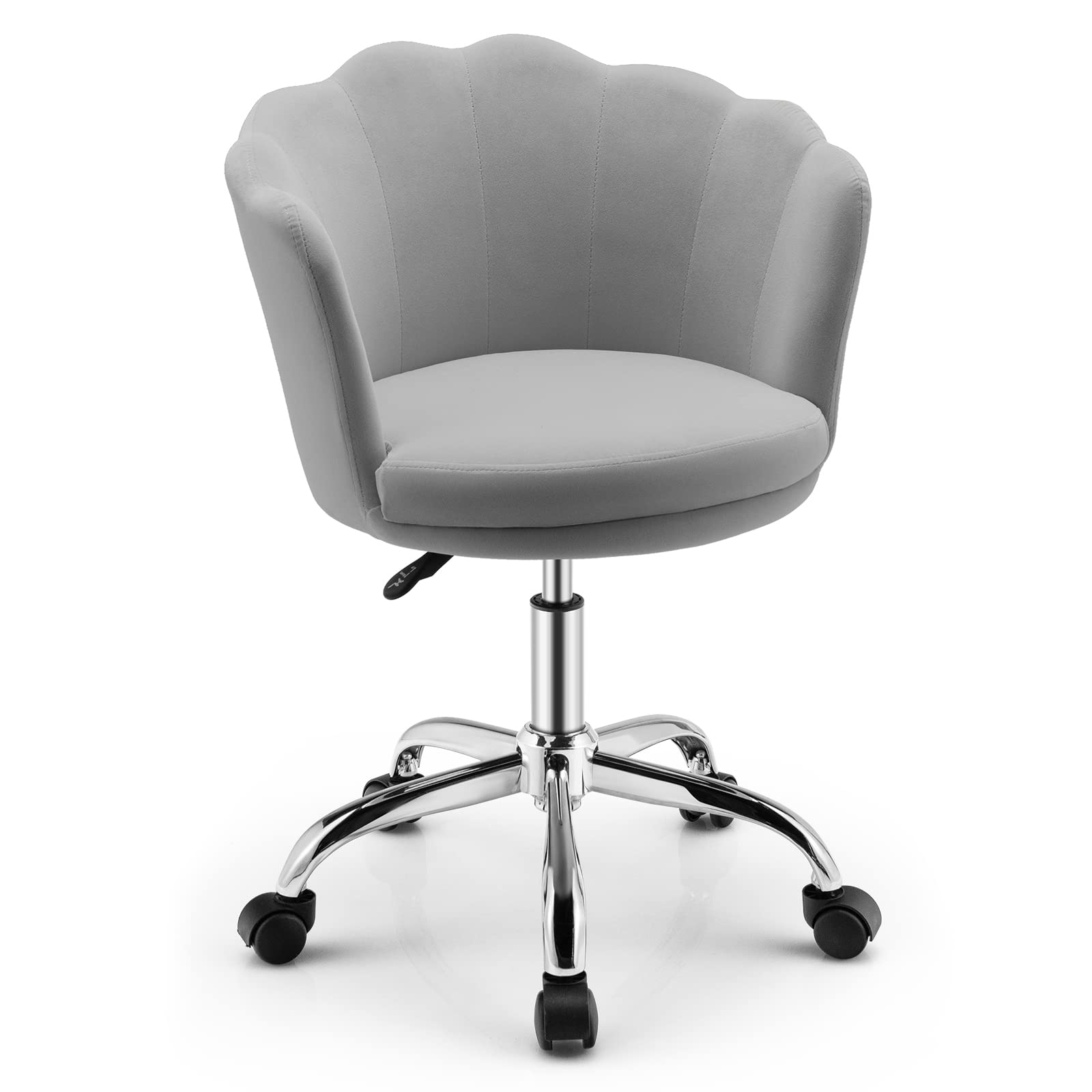 Giantex Adjustable Kids Desk Chair with Wheels - Velvet Upholstered Swivel Rolling Arm Chair for Girls, Comfy Home Office & Study Task Chair, Modern Seashell Back Vanity Chair in Grey - Perfect for Bedroom, Study Room & Home Office Workspace
