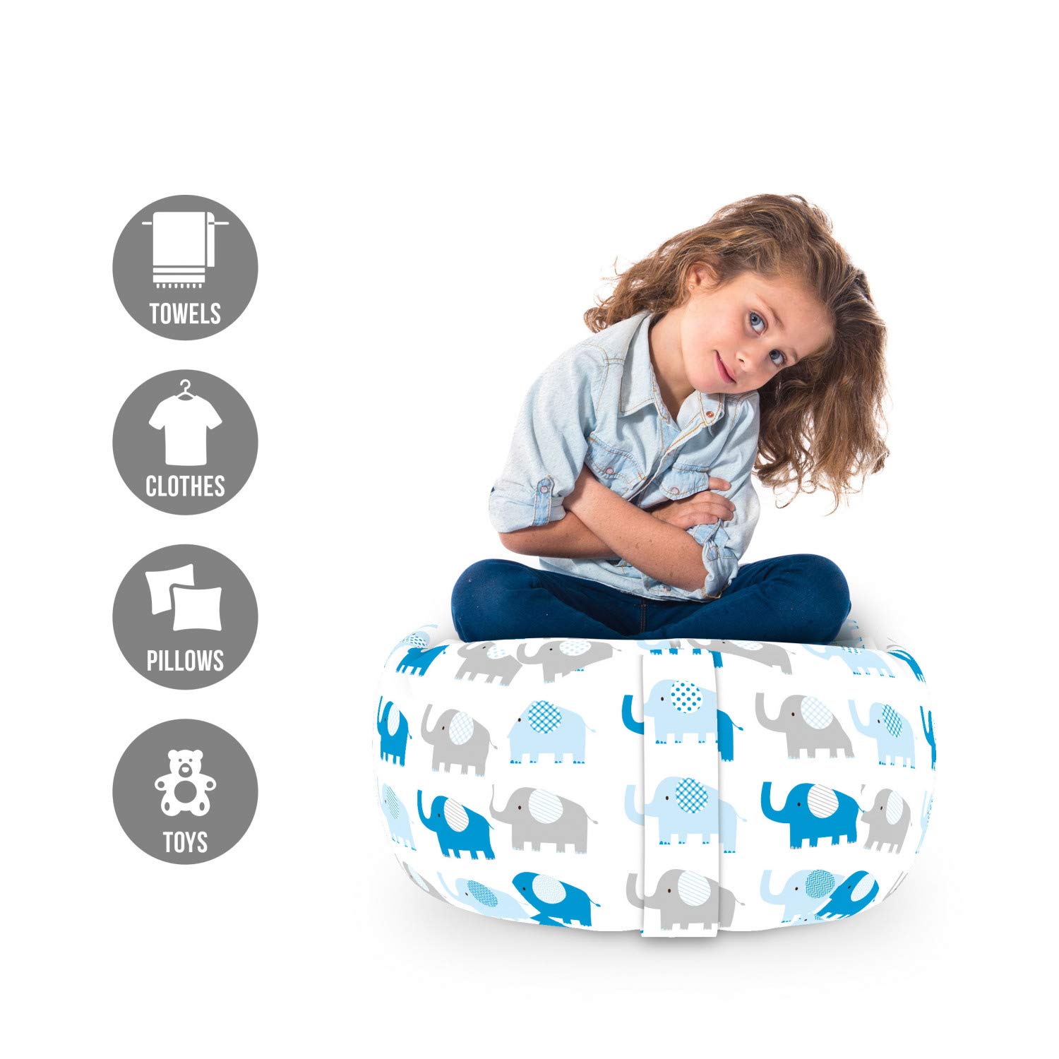 Ambesonne Animal Storage Toy Bag Chair - Striped Elephant Design, Washable Stuffed Animal Organizer, Small Size (White/Taupe/Blue) - Perfect for Kids' Room, Nursery & Playroom Organization