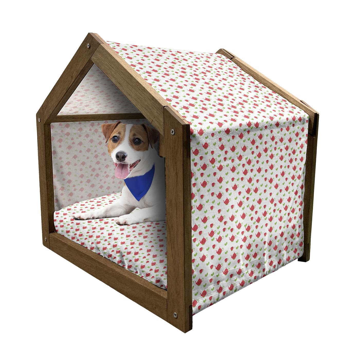 Ambesonne Wooden Pet House for Dogs - British Tea Party Design with Polka Dots & Leaves, Indoor/Outdoor Portable Dog Kennel with Pillow & Cover, Large Size in Dark Coral Green - Perfect for Tea-Themed Decor & Cozy Pet Napping Spaces