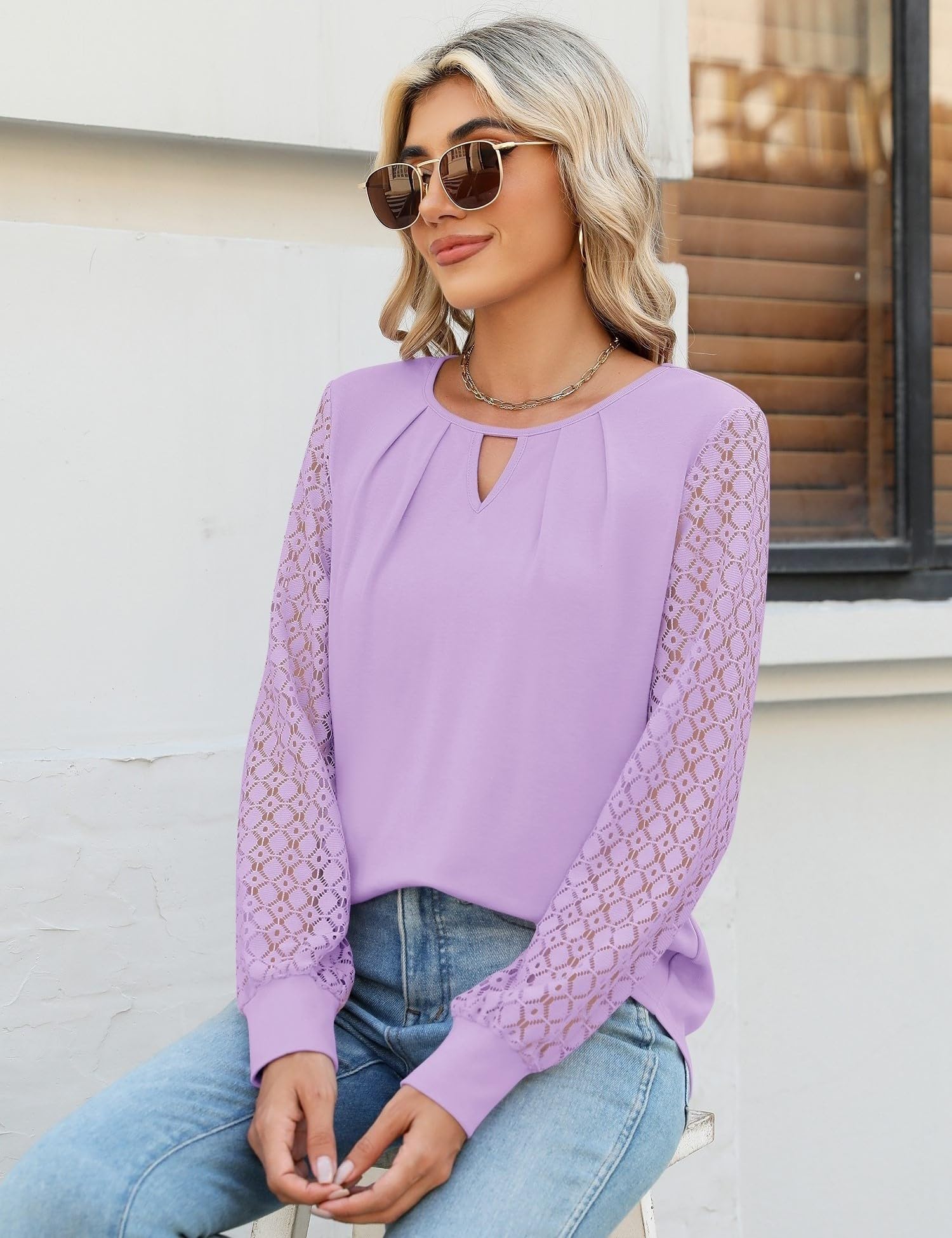 Micoson Women's Pleated Long Sleeve Blouse - Business Casual Crewneck Keyhole Top for Fall & Winter | Office Wear, Date Night, Holiday Outfits