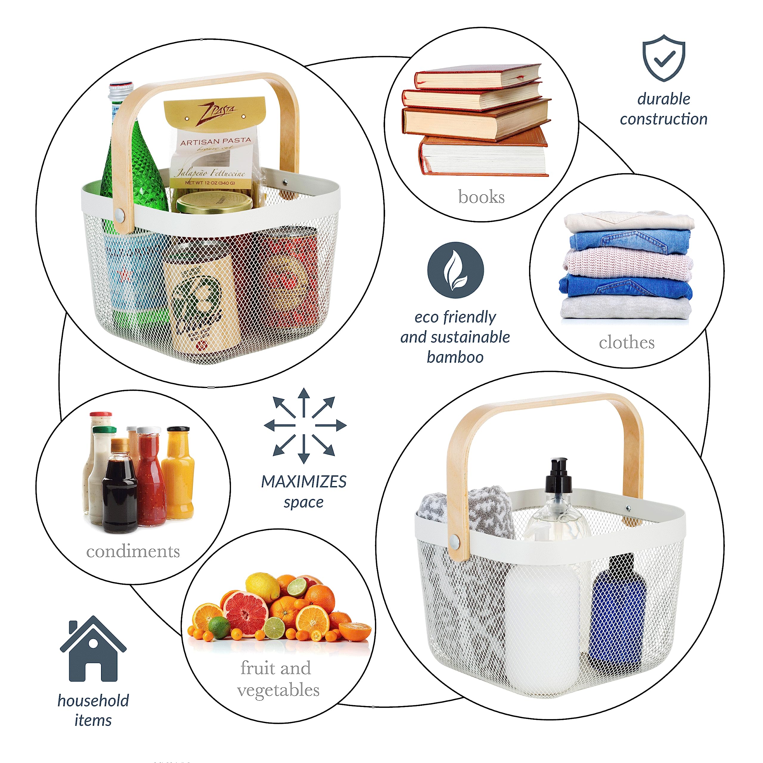 White Bamboo Handle Multi-Purpose Shower Caddy - Durable Grocery Basket for Bathroom, Kitchen & Shopping | Perfect for Organizing Toiletries, Produce & Household Items