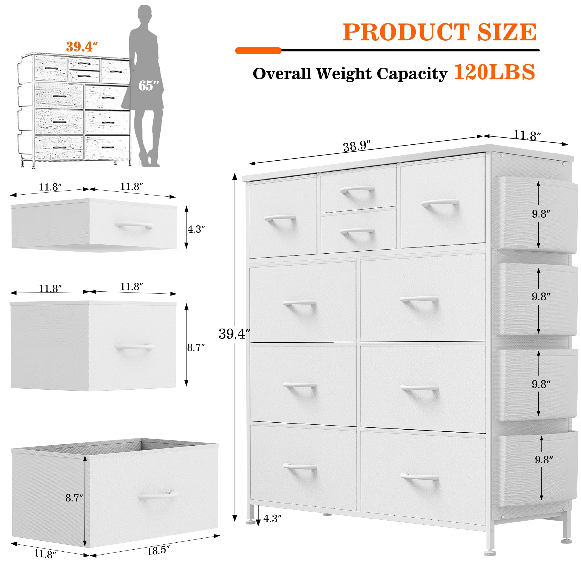 Lulive 10-Drawer White Dresser for Bedroom - PU Storage Chest with Side Pockets & Hooks, Organizer Unit for Living Room, Hallway & Closet - Perfect for Small Space Organization & Home Decor (White)